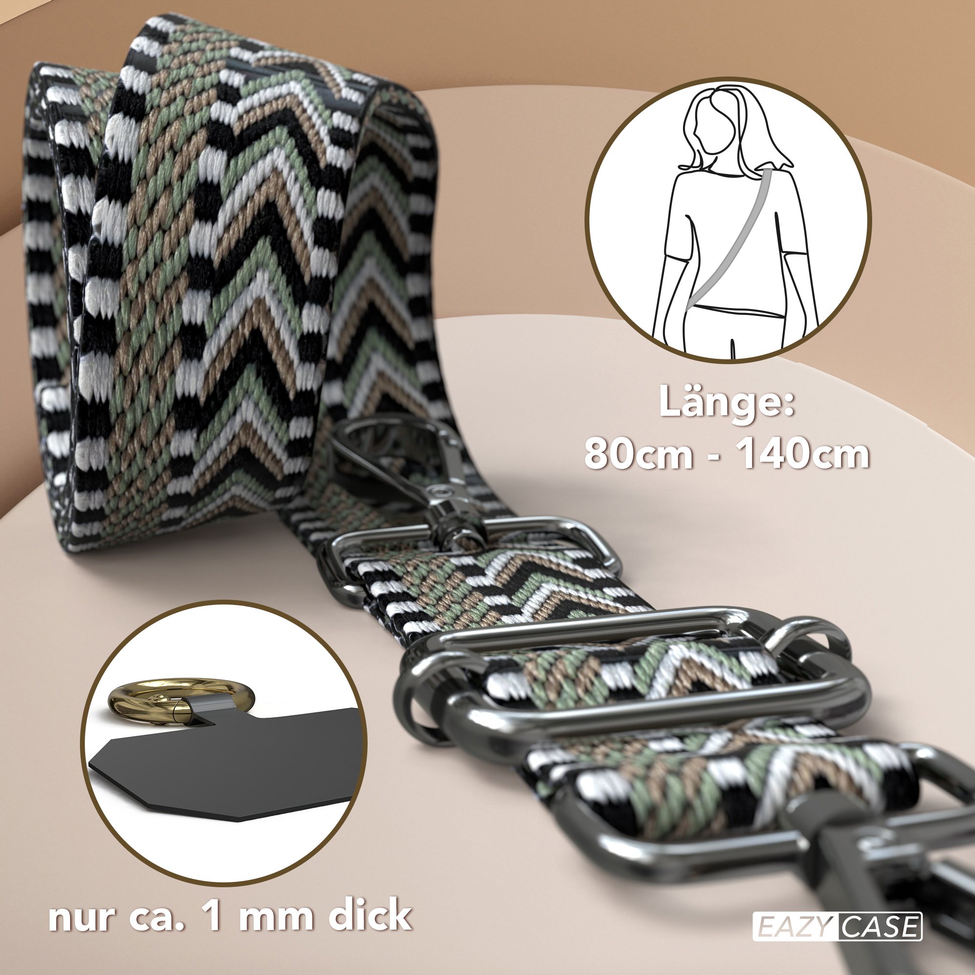 Ein farbenfroher Riemen mit Metallverschlüssen und einem Diagramm mit Länge und Dicke.