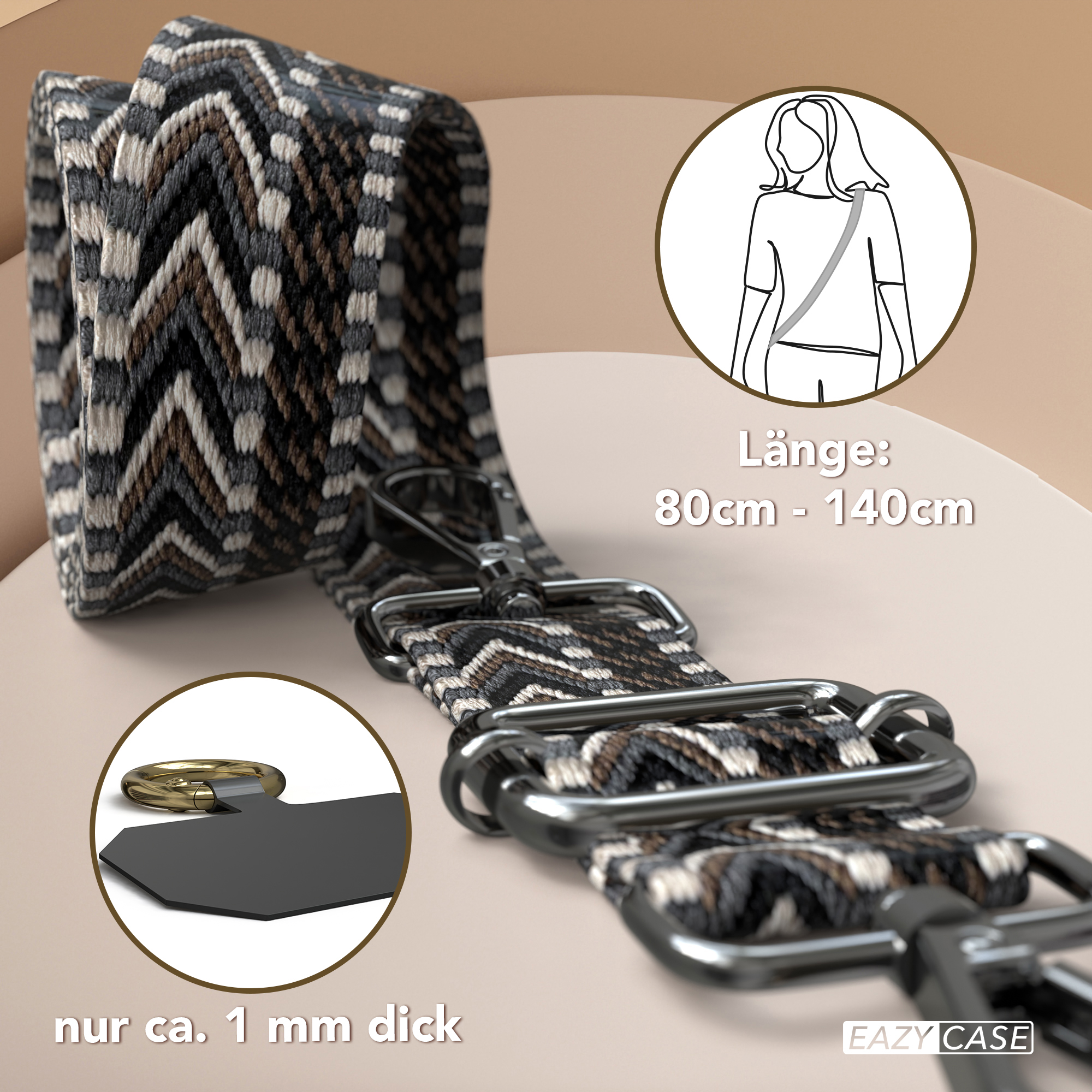 Handy-Trageriemen mit gemustertem Riemen, Metallverschlüssen und Ringen. Text zeigt Länge: 80cm-140cm und ca. 1 mm dick.