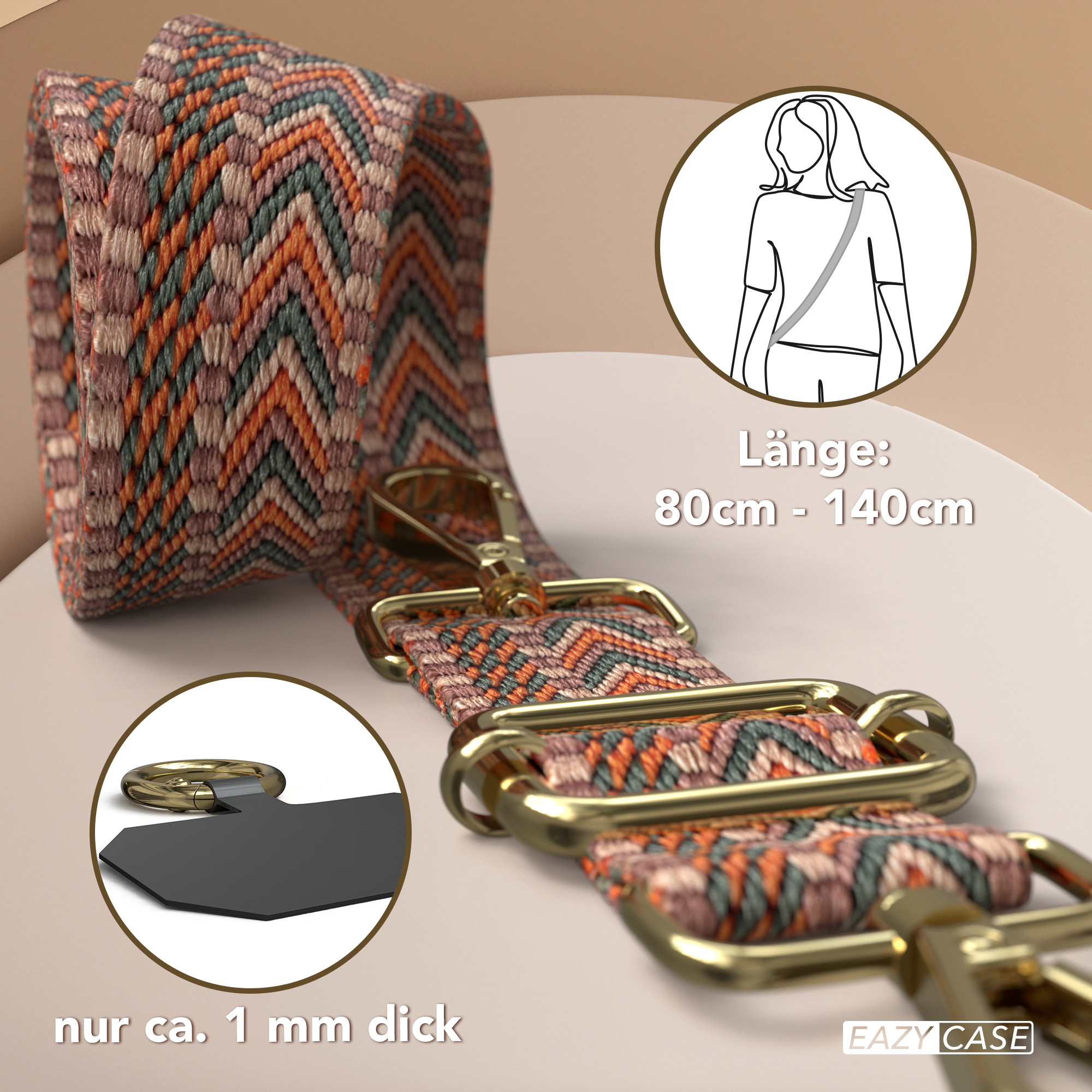 Nahaufnahme eines gemusterten Riemens mit goldener Hardware, schwarzen Lederdetails und Diagramm.