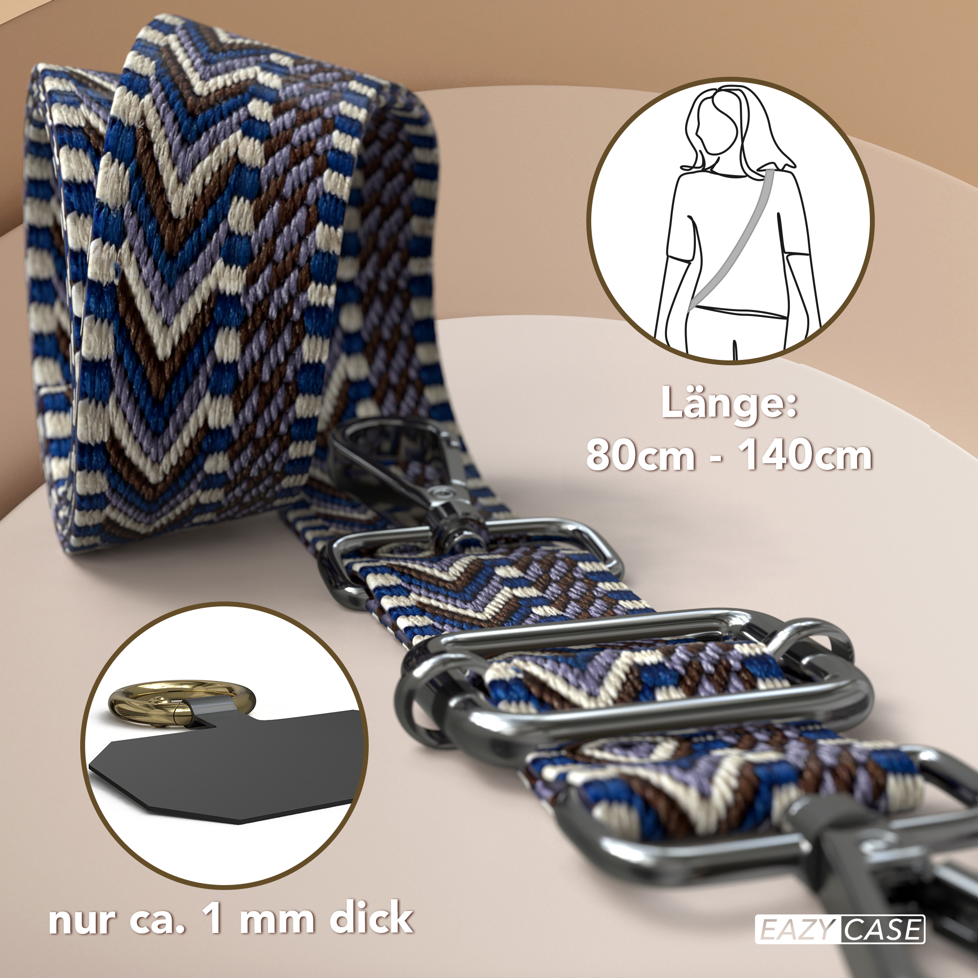 Blau, weiß und braun gemusterter Schultergurt mit Metallbeschlägen. Diagramm zeigt Gurtlänge.