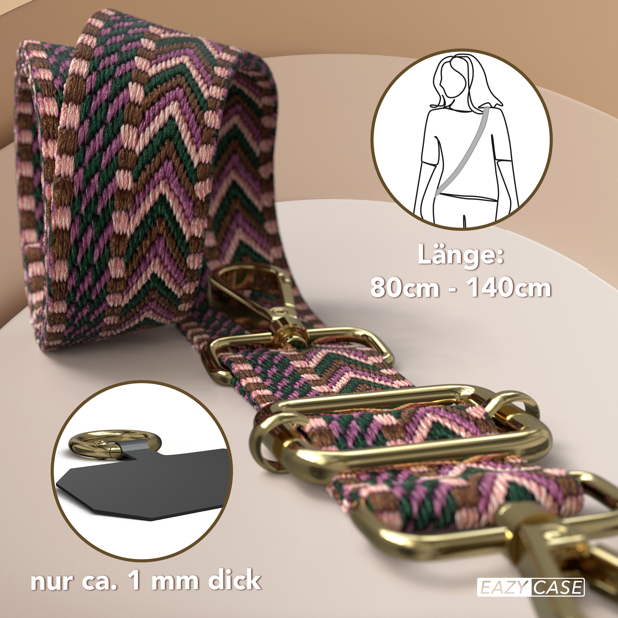 Ein gemusterter Schultergurt mit goldfarbener Hardware und eine Zeichnung einer Frau, die ihn trägt. Der Gurt ist 1 mm dick.