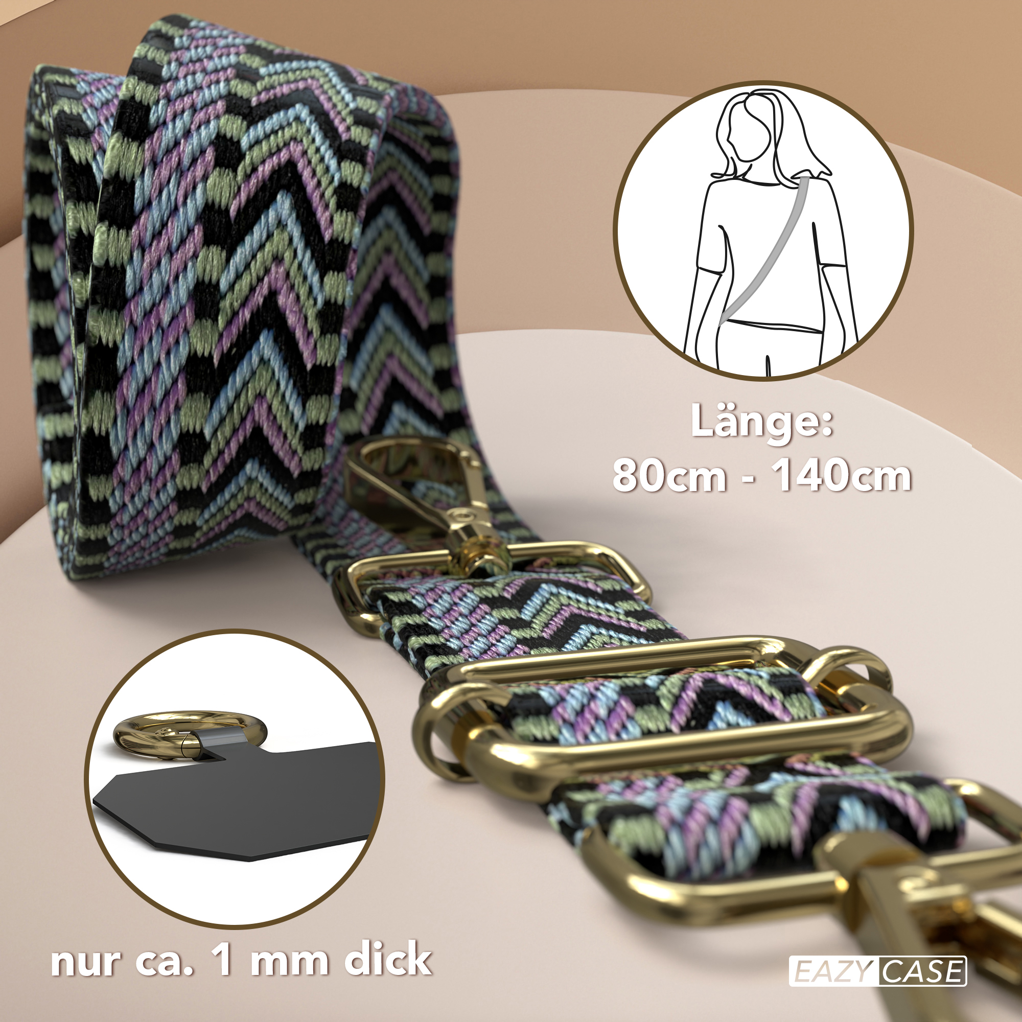 Handyband mit goldener Hardware und farbenfrohem Chevron-Muster.