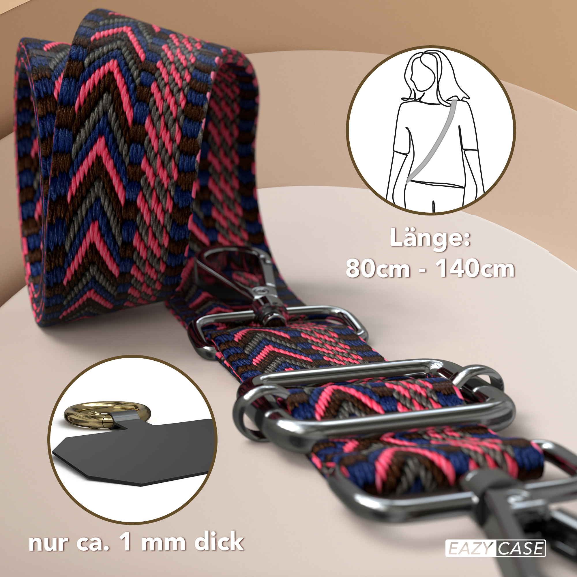 Ein gemusterter Telefonriemen mit Text und Illustrationen. Der Riemen ist rosa, blau und braun.