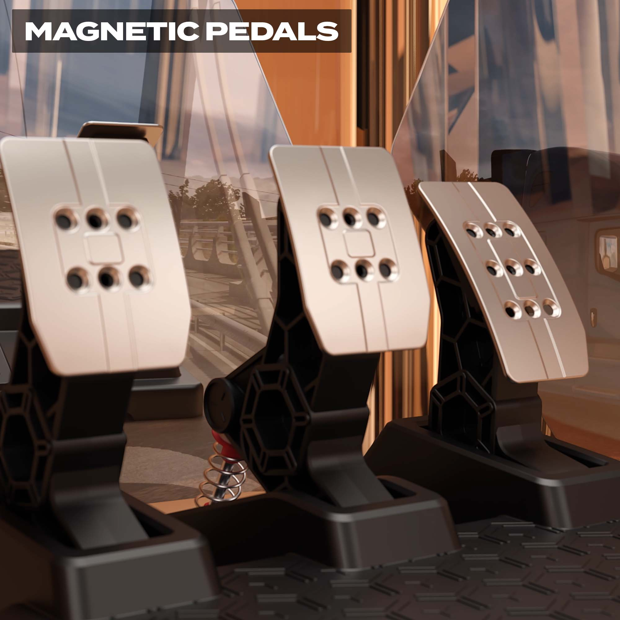 Tres pedales magnéticos plateados para un simulador de carreras, con el texto 'MAGNETIC PEDALS'.