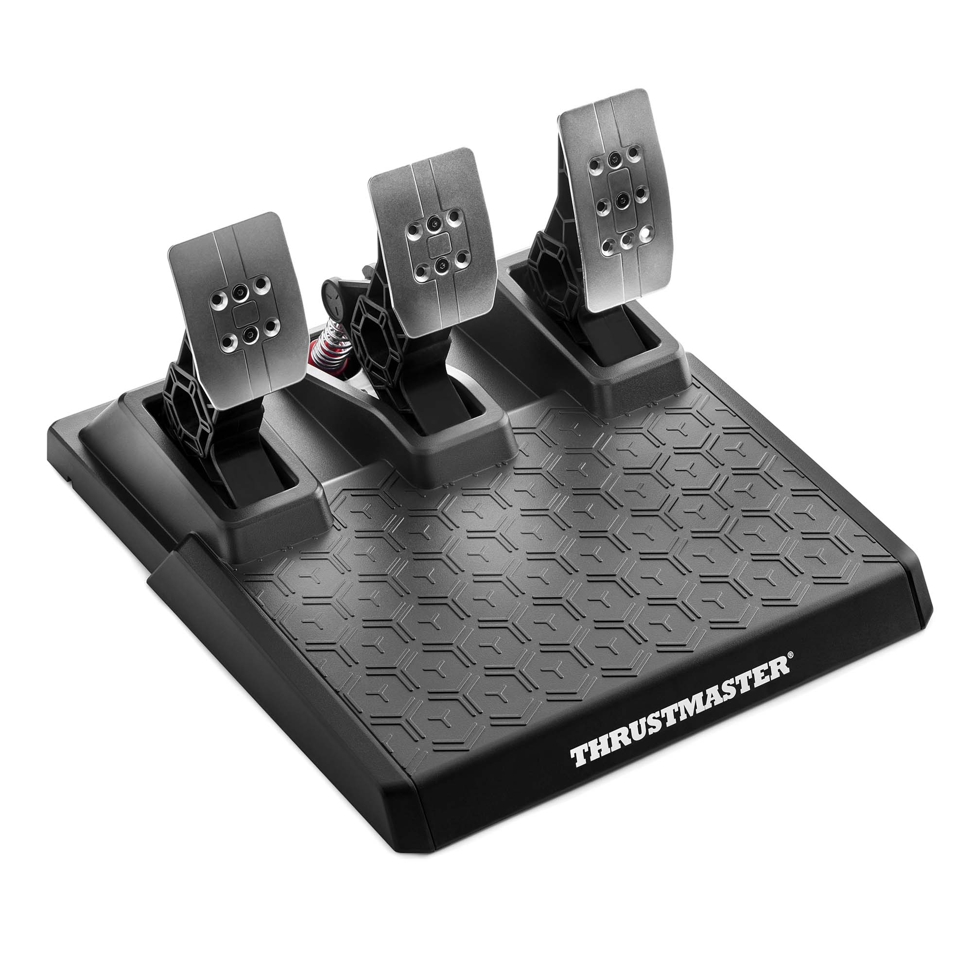 Pédales de course Thrustmaster noires sur une base noire à motif en nid d'abeille. Fond blanc.