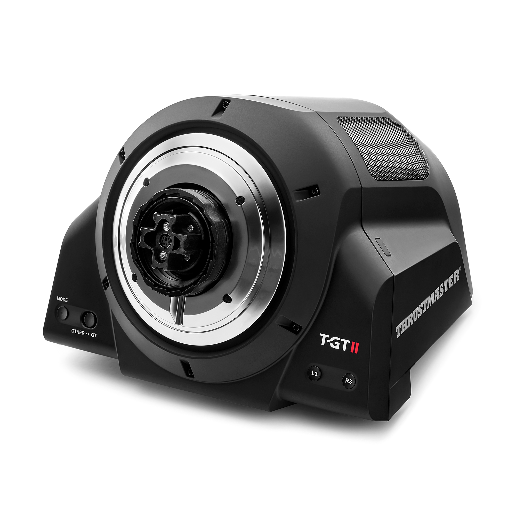 Schwarzes Thrustmaster T-GT II Rennlenkrad auf weißem Hintergrund.
