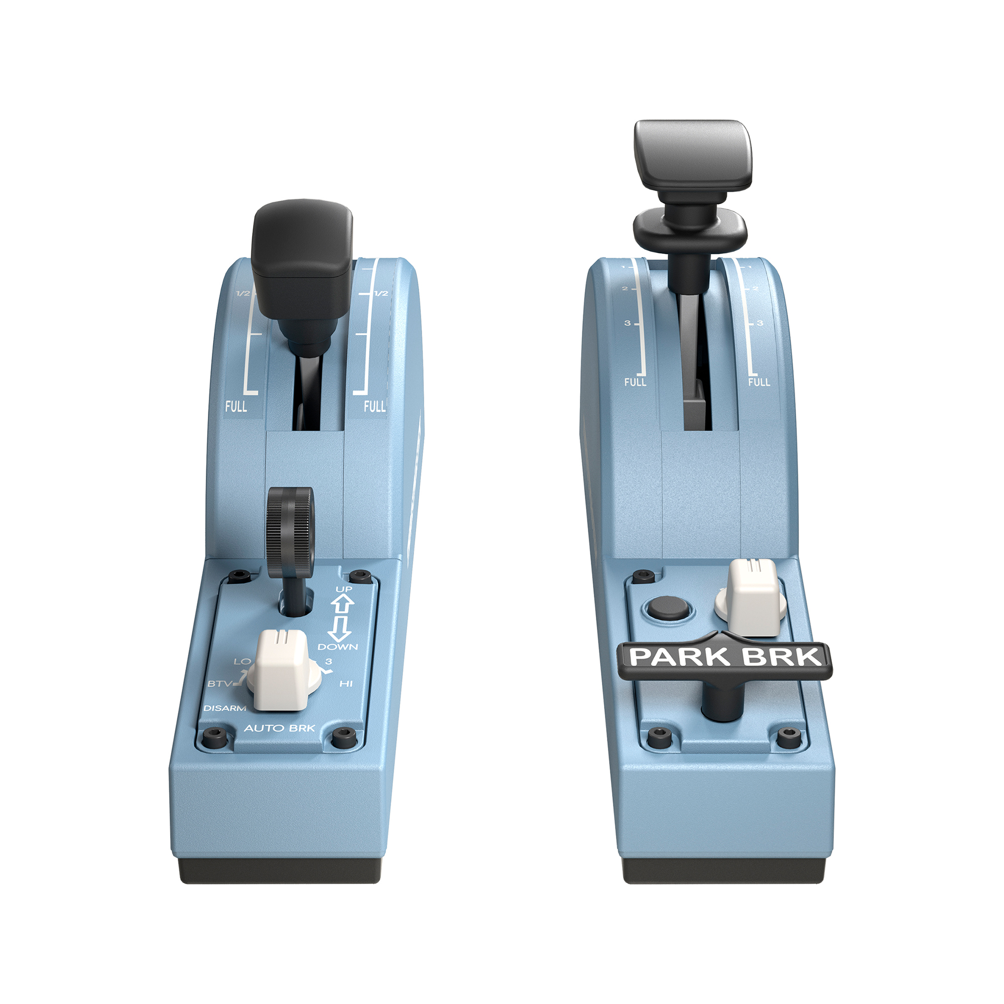 Two light blue airplane throttle levers with various switches and labels against a white background.