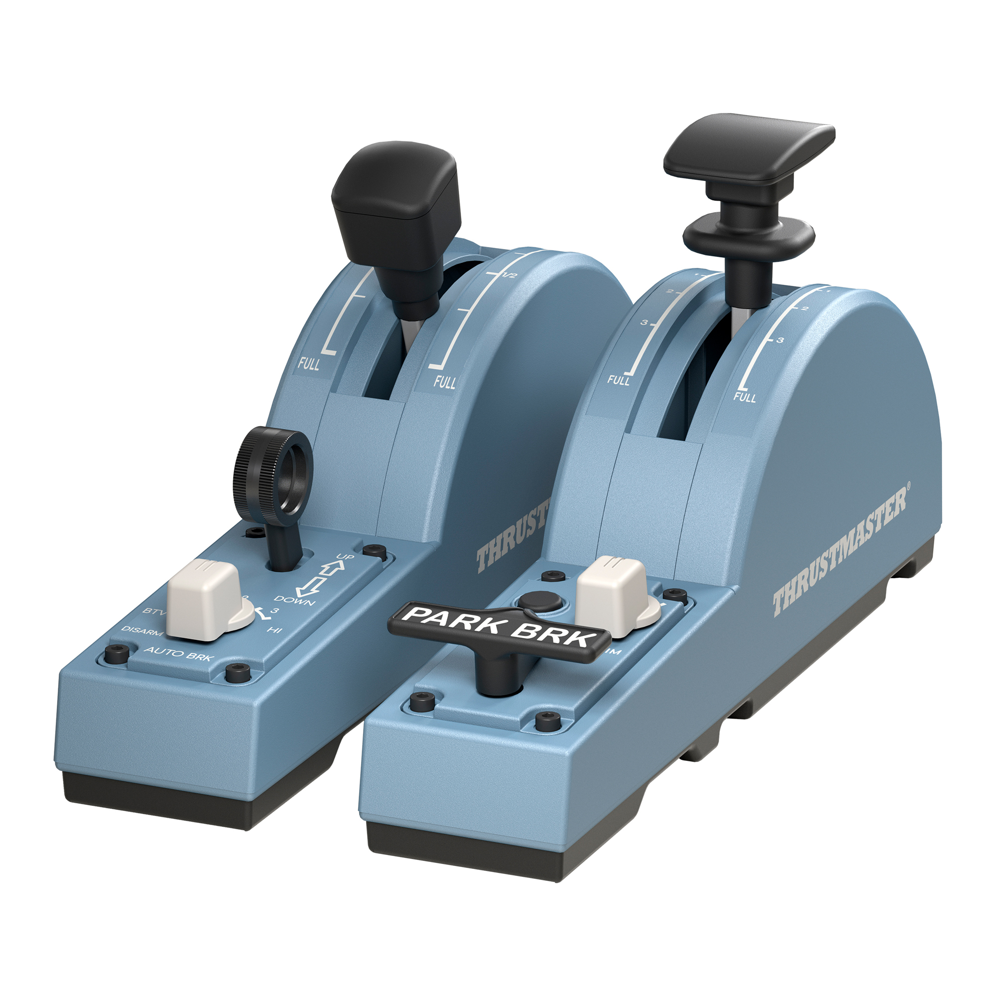 Two light blue flight control throttles from Thrustmaster. One has a park brake.