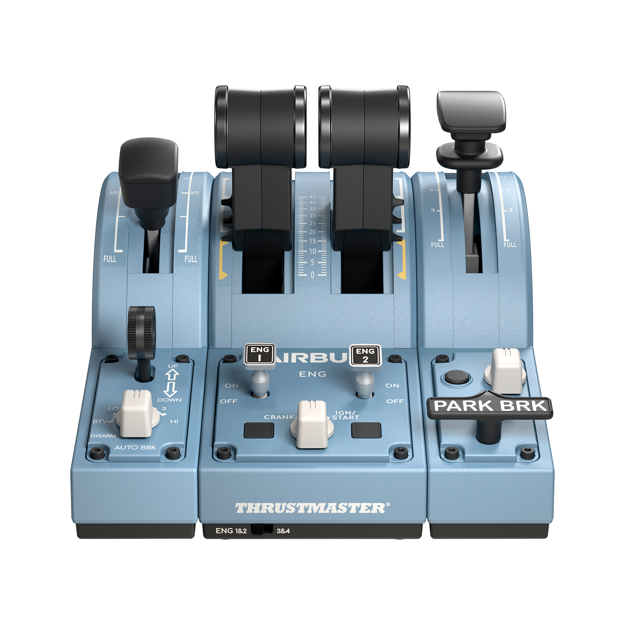 A blue and black Thrustmaster Airbus flight simulator control. It has multiple levers and buttons.