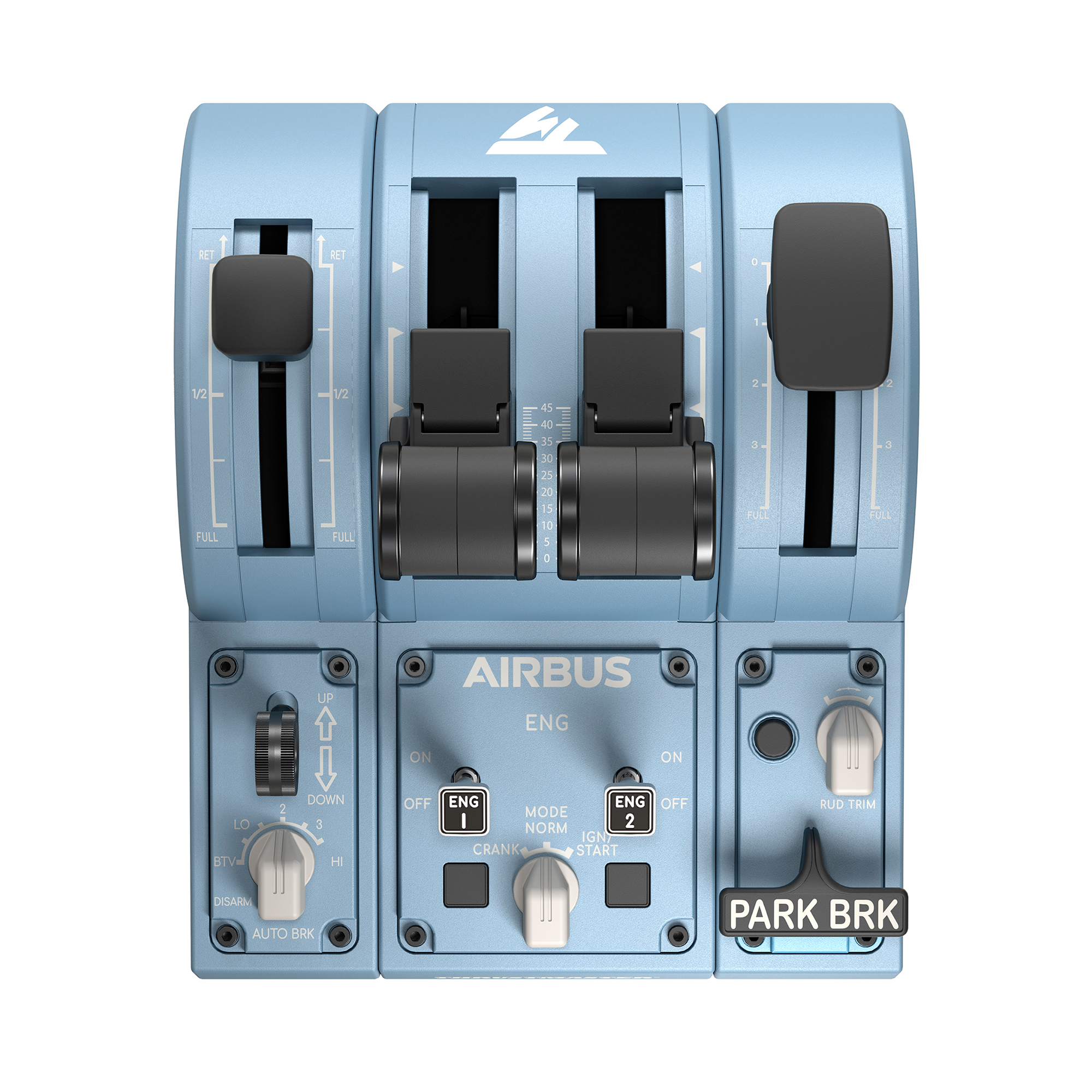 Blue Airbus throttle quadrant with levers and buttons. Black elements and white text on light blue.
