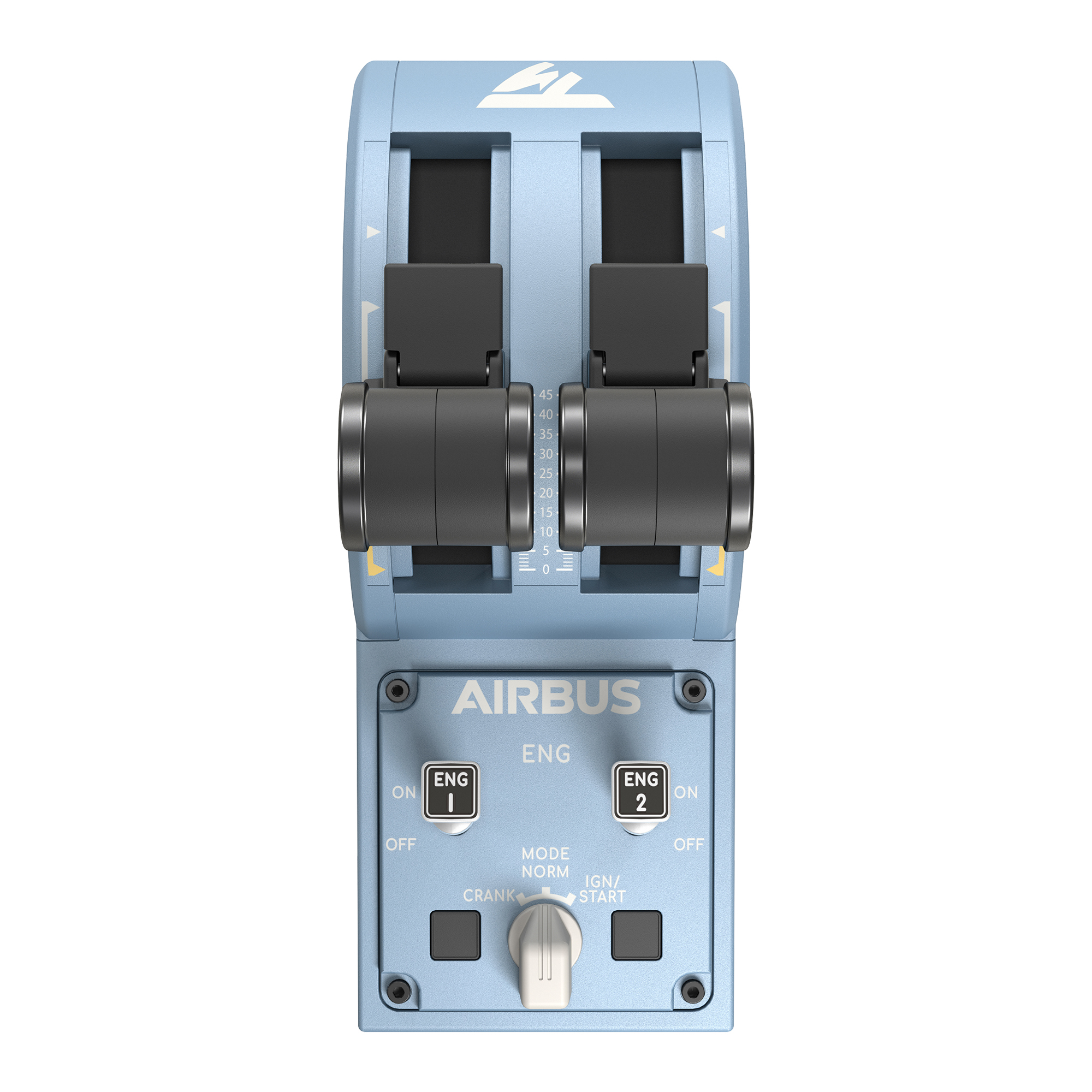 Blue Airbus airplane throttle. Controls for engines, with buttons and switches.