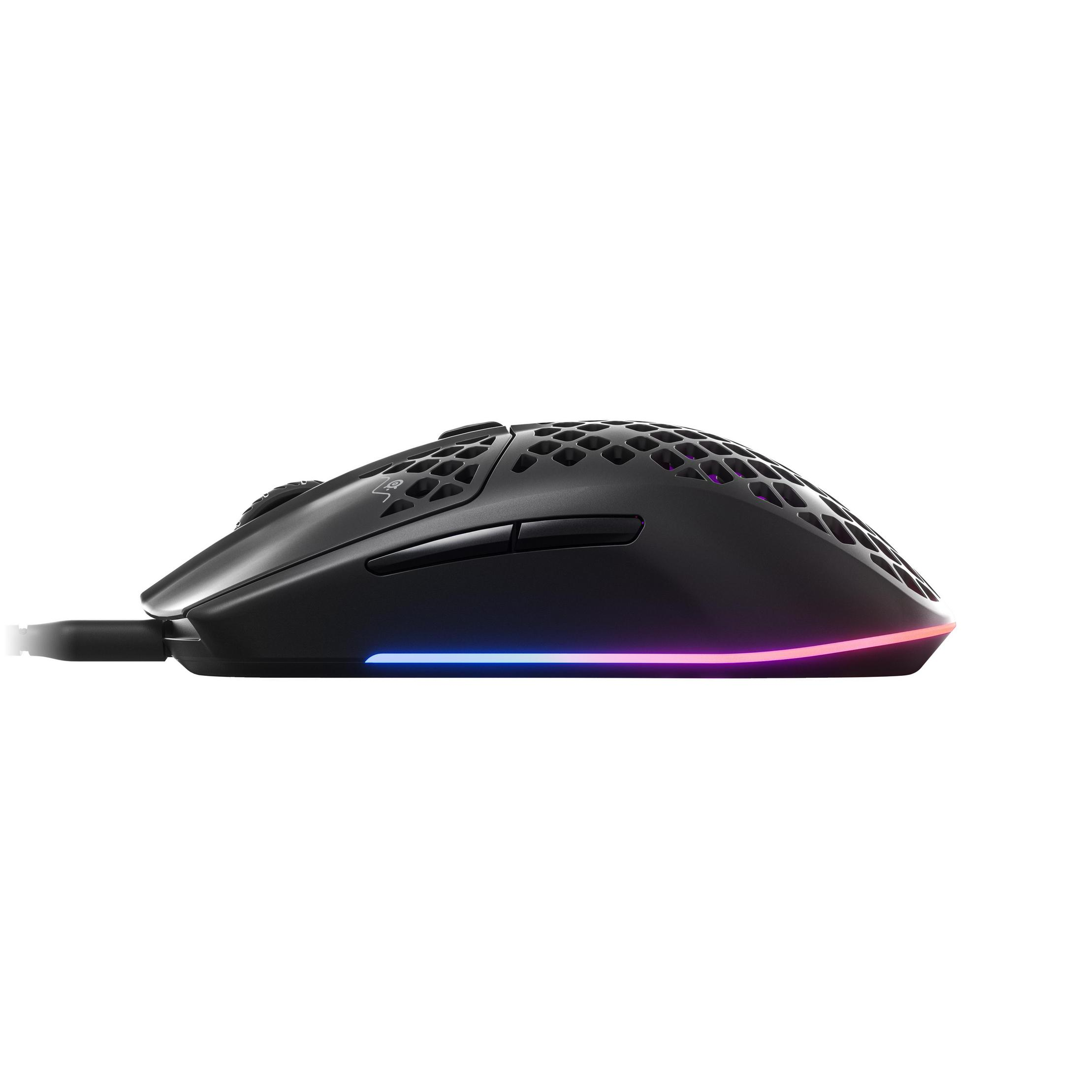 Schwarze Gaming-Maus mit Wabenmuster. Mit RGB-Lichtleiste.