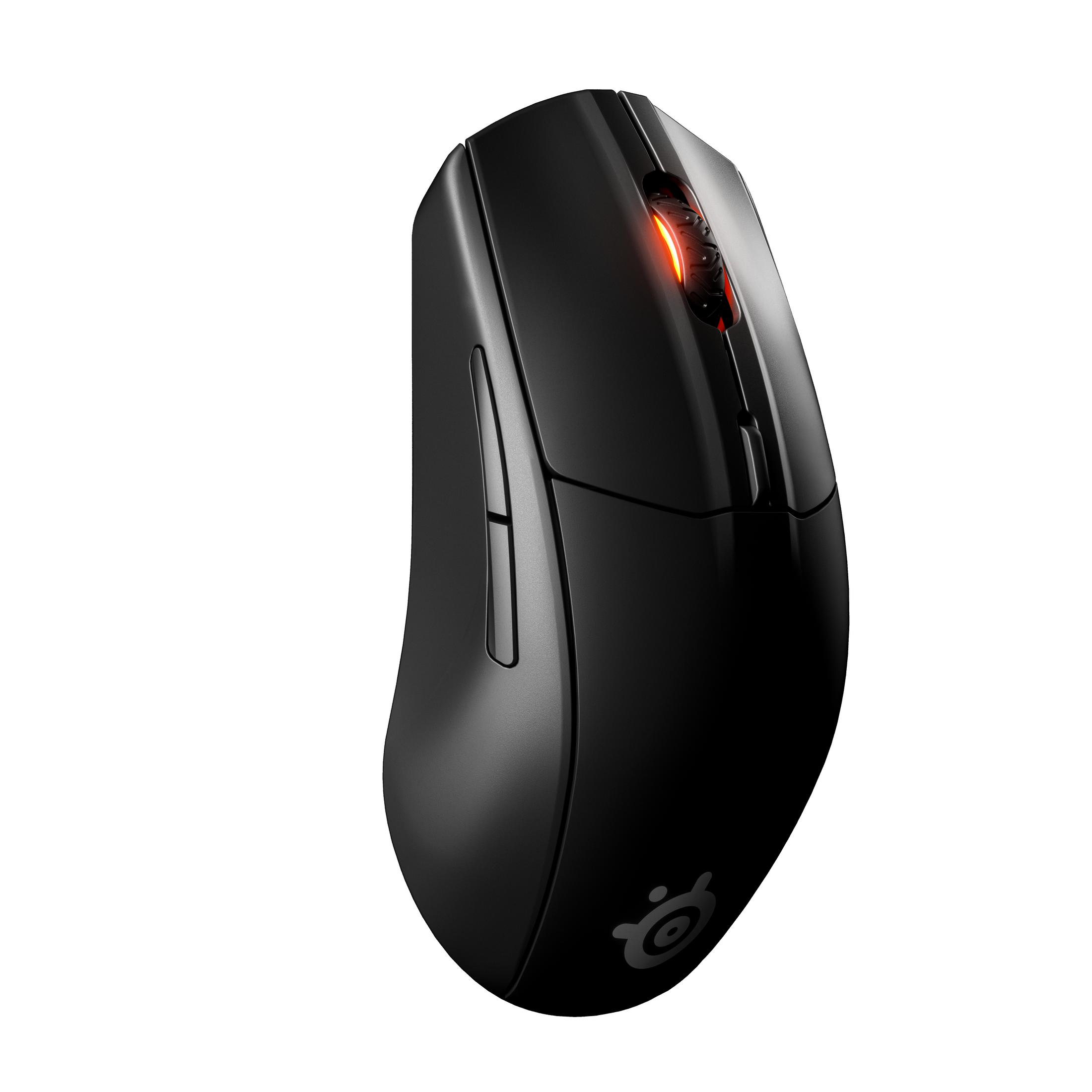 Czarna ergonomiczna mysz z czerwonym światłem i logo SteelSeries.