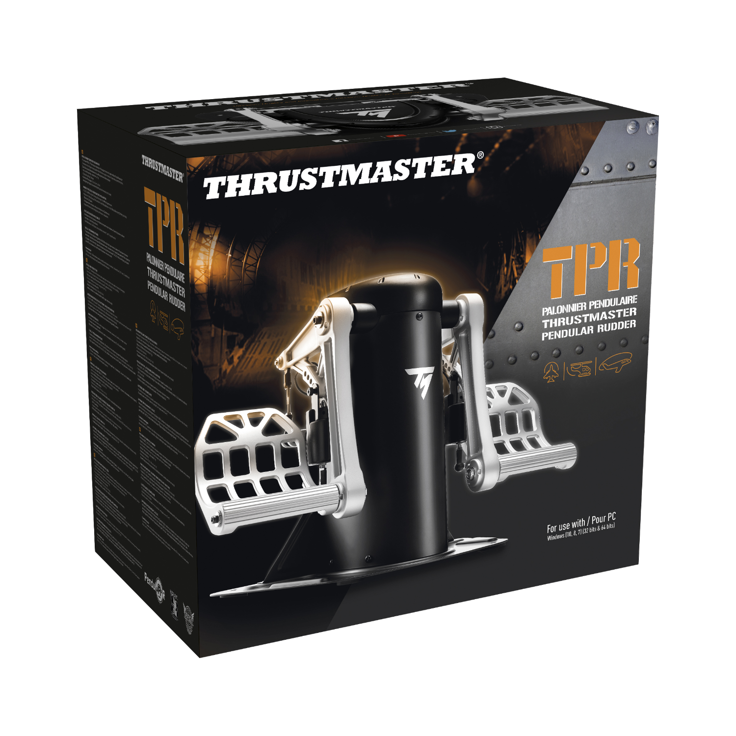 Un sistema di timone Thrustmaster TPR nella sua scatola. La scatola ha un design nero e argento.