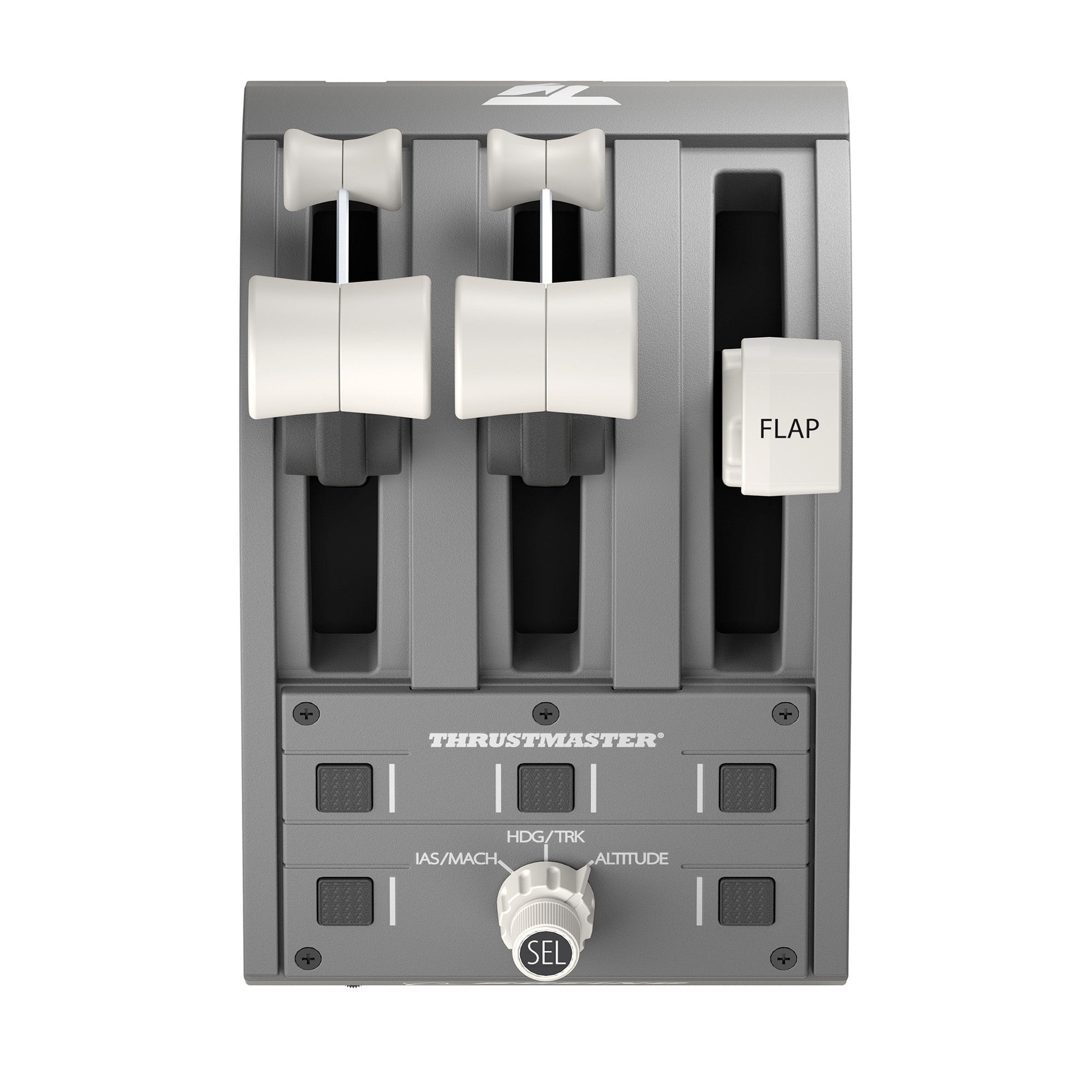 Szary panel sterowania symulatora lotu z dźwigniami i przyciskami.