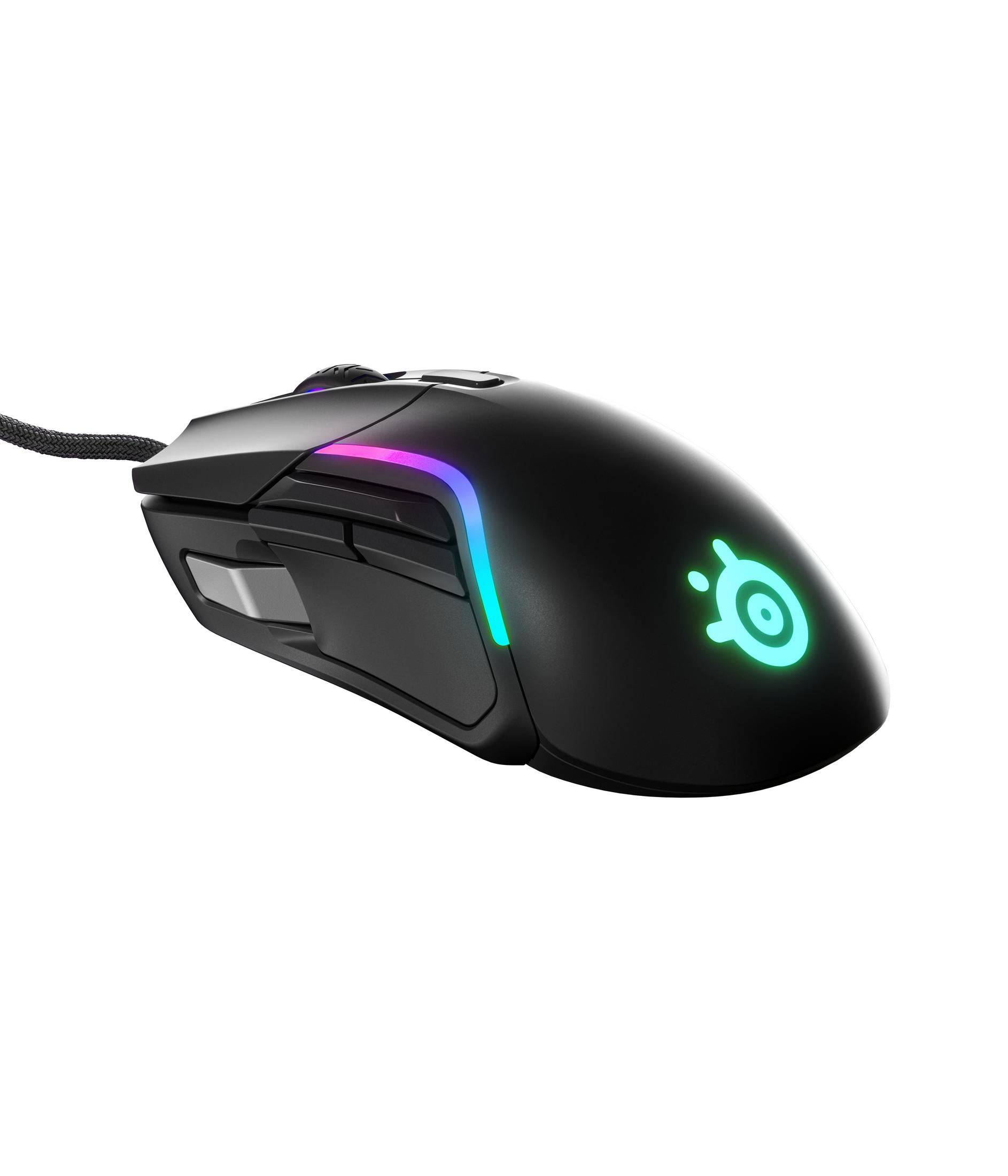 Mouse da gioco nero con luci colorate. Ha pulsanti e una rotella. Sfondo bianco.