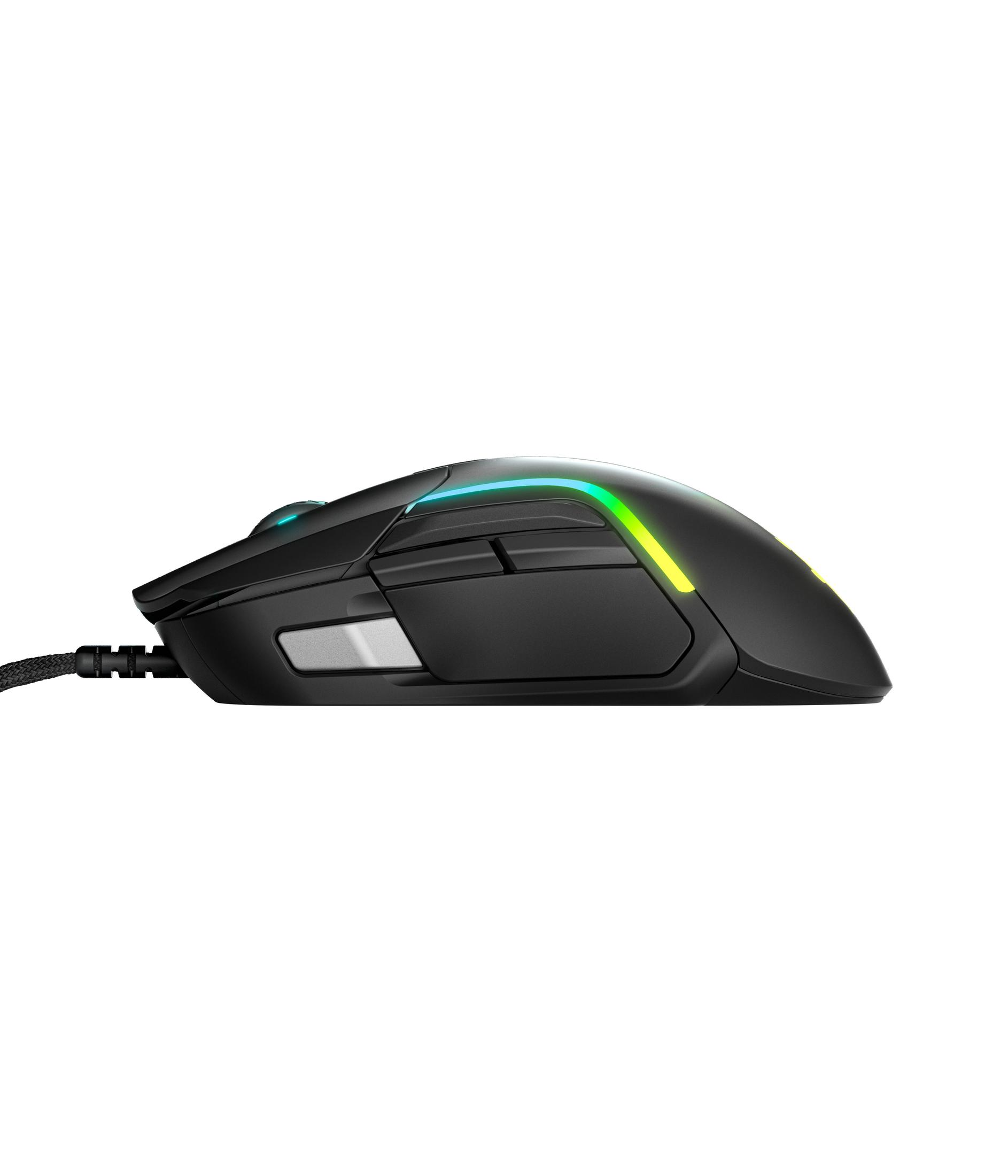 Mouse da gioco nero con illuminazione RGB e cavo, visto di lato.