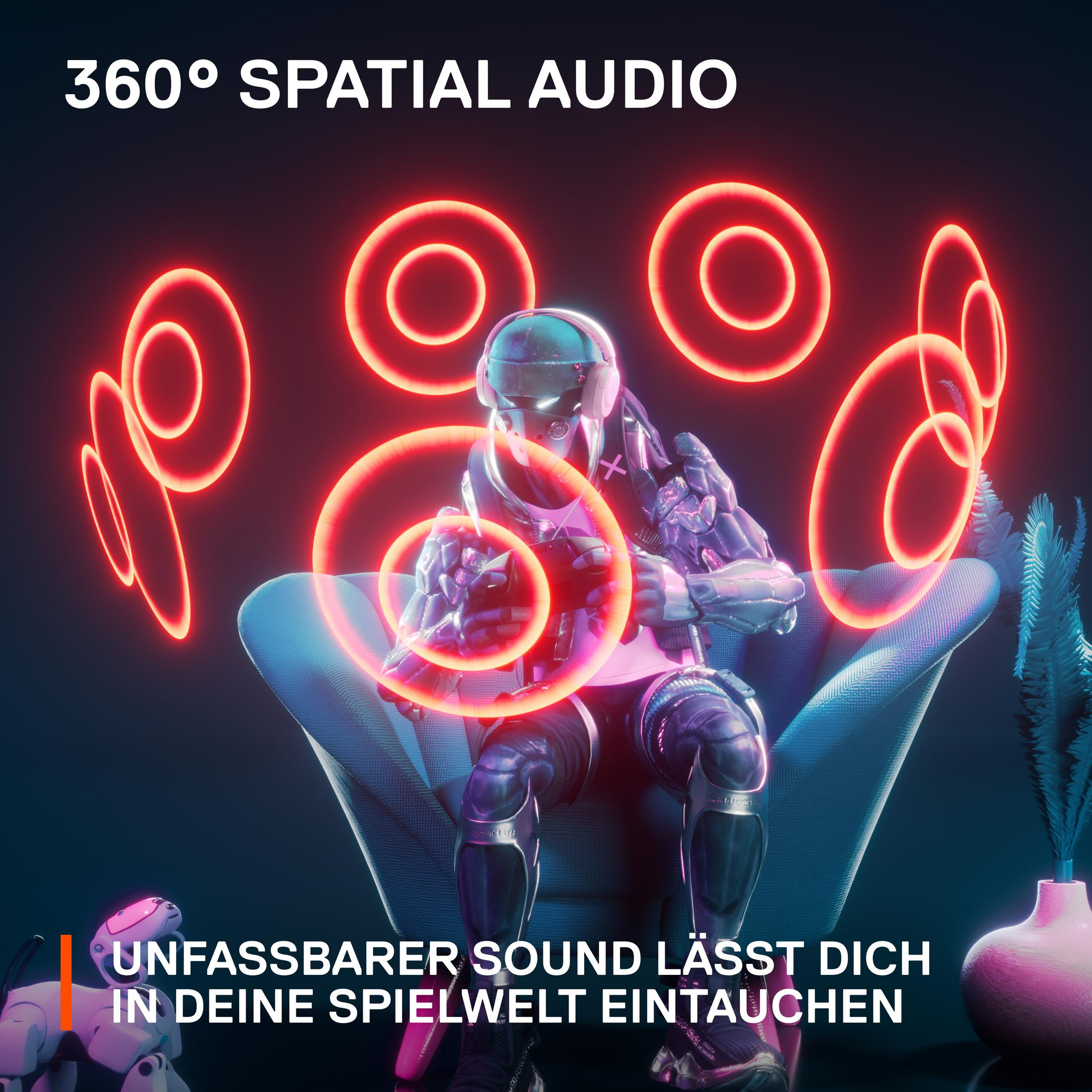 Ein futuristischer Charakter sitzt, umgeben von roten Kreisen, und wirbt für 360° Spatial Audio.