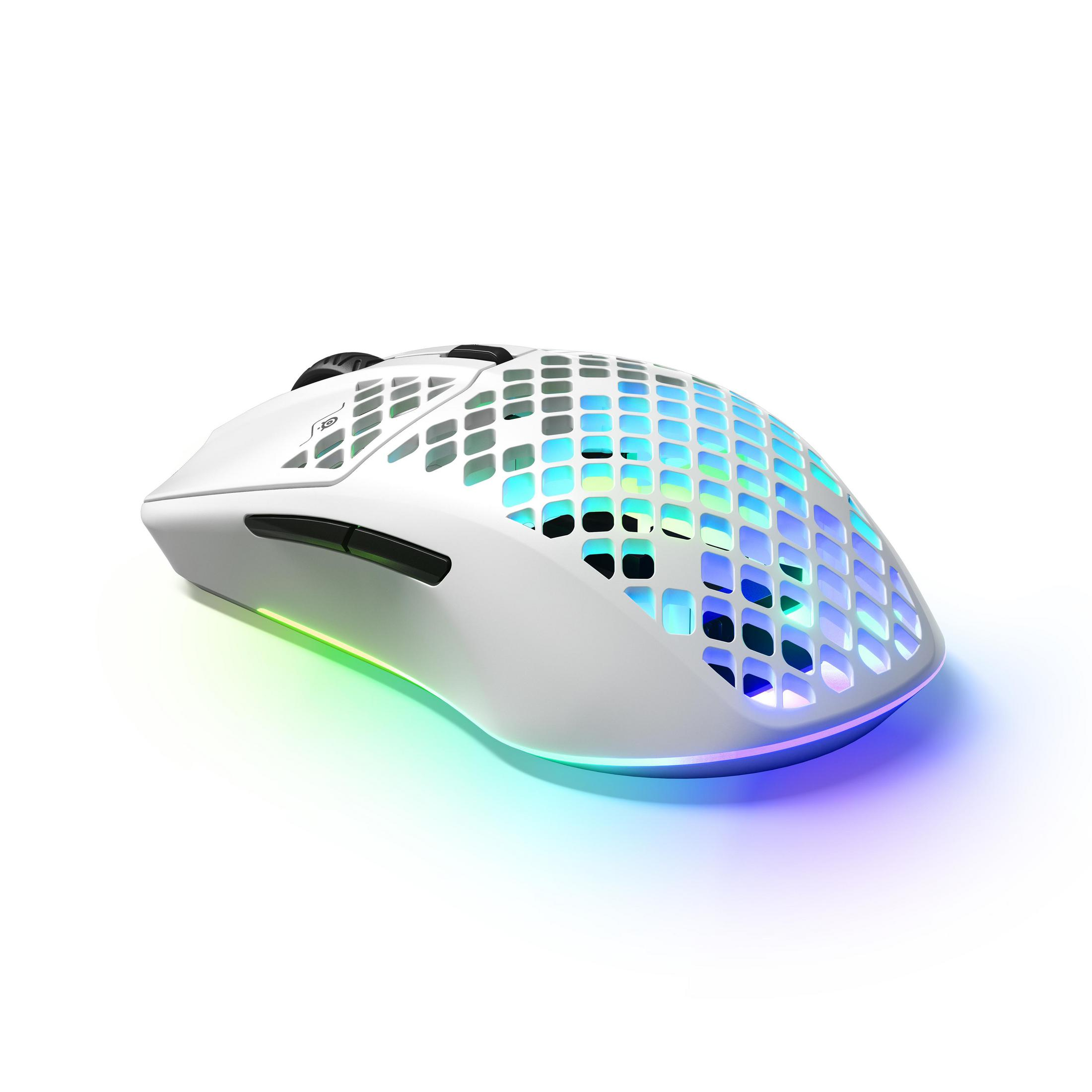 Weiße Gaming-Maus mit Wabenmuster und LED-Beleuchtung an den Rändern und im Inneren.