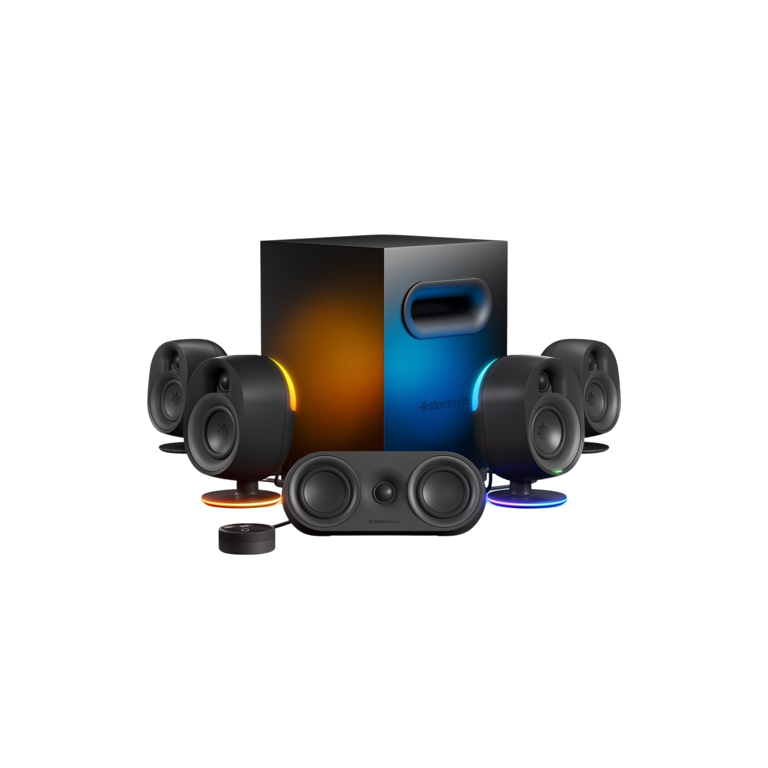 Czarny zestaw głośników na czarnym tle. Centralny subwoofer, pięć głośników satelitarnych z kolorowymi światłami bazowymi.