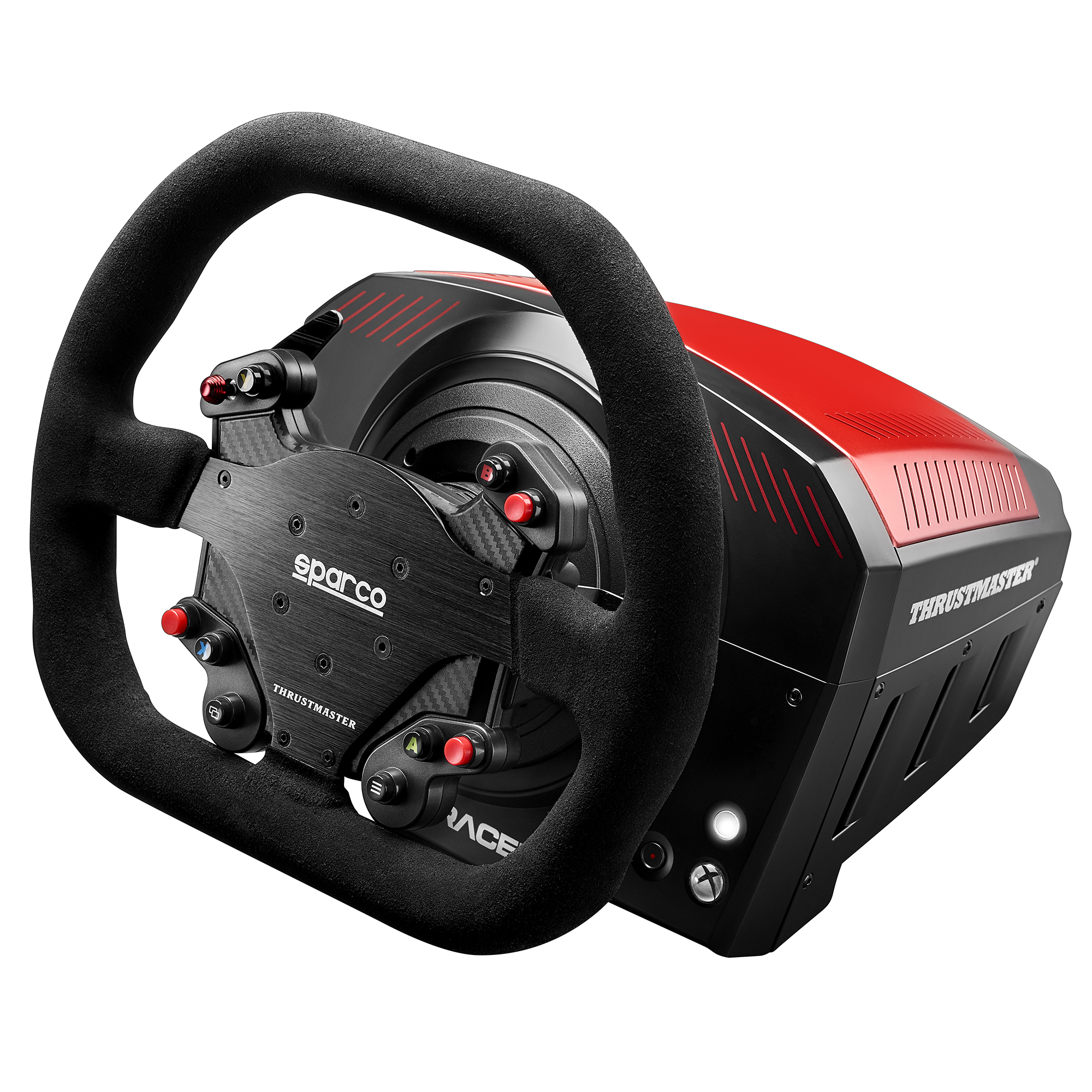 A black and red Thrustmaster steering wheel. The wheel is attached to a black base.