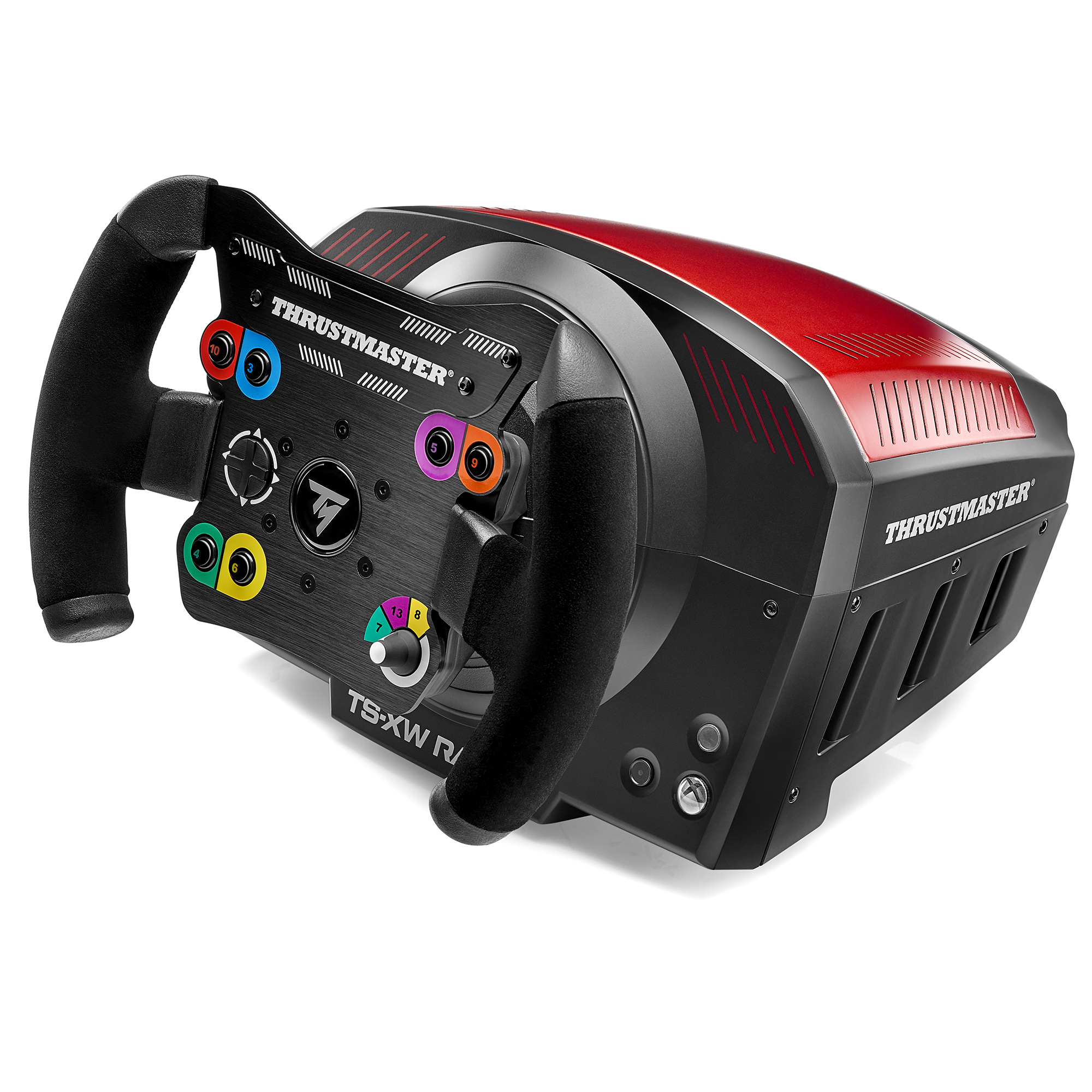 A black and red racing wheel. The wheel has buttons and paddles.