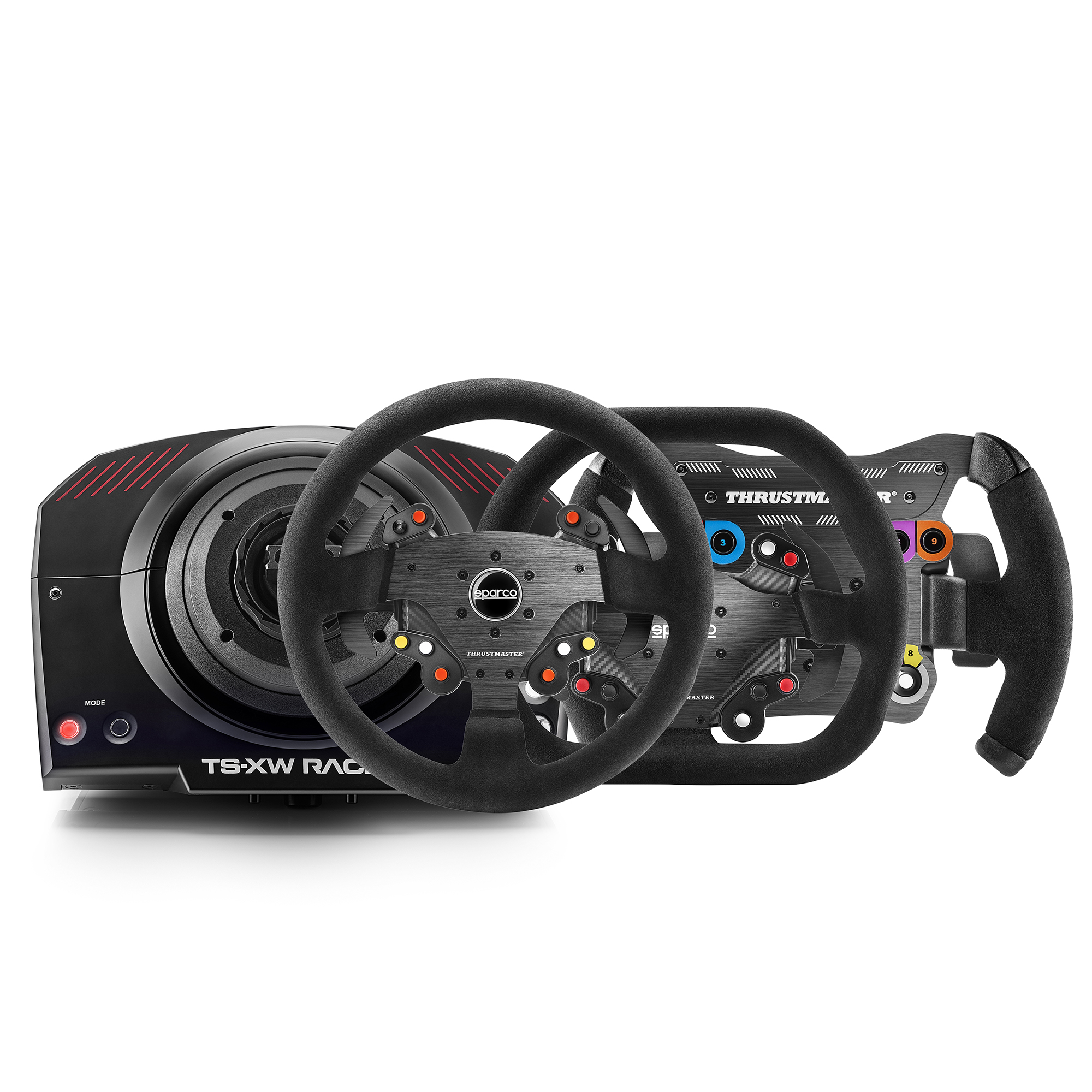 Three black racing wheels. Two have suede grips, one is on a base with red and black accents.