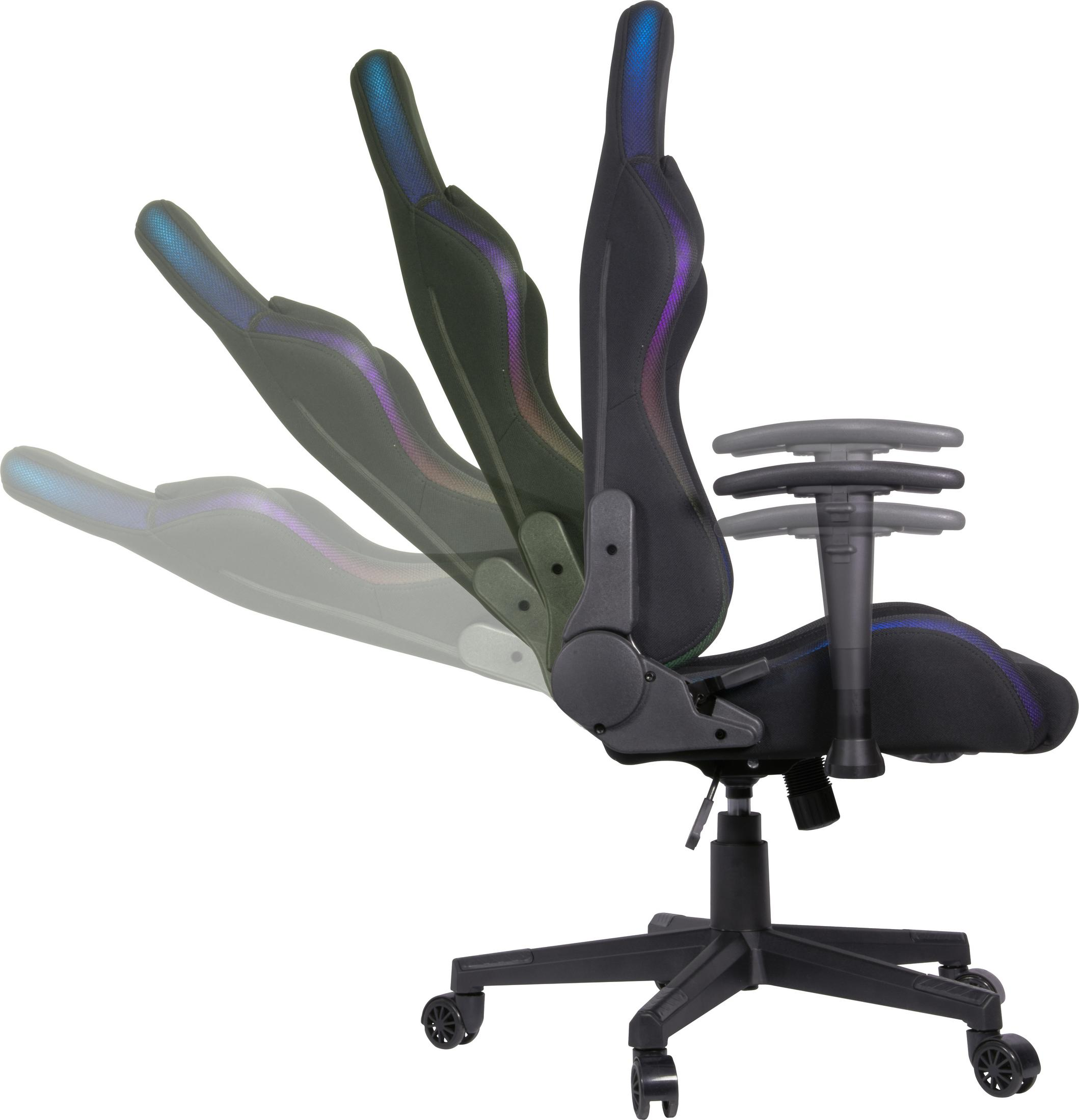 Silla gaming con respaldo ajustable, diseño multicolor y ruedas en la base.