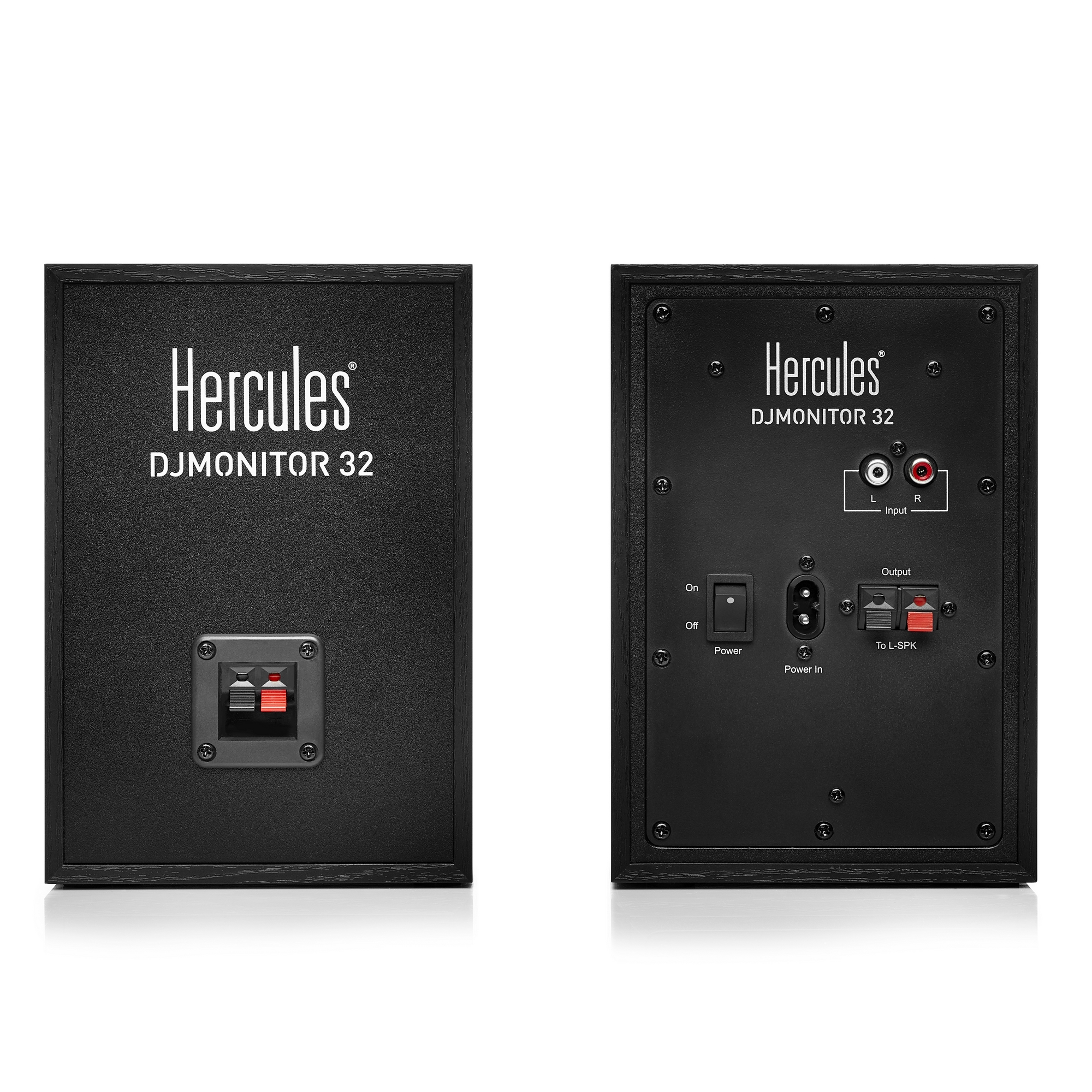 Twee zwarte Hercules DJMONITOR 32 luidsprekers met zwarte voorkanten en achterpanelen. Witte achtergrond.