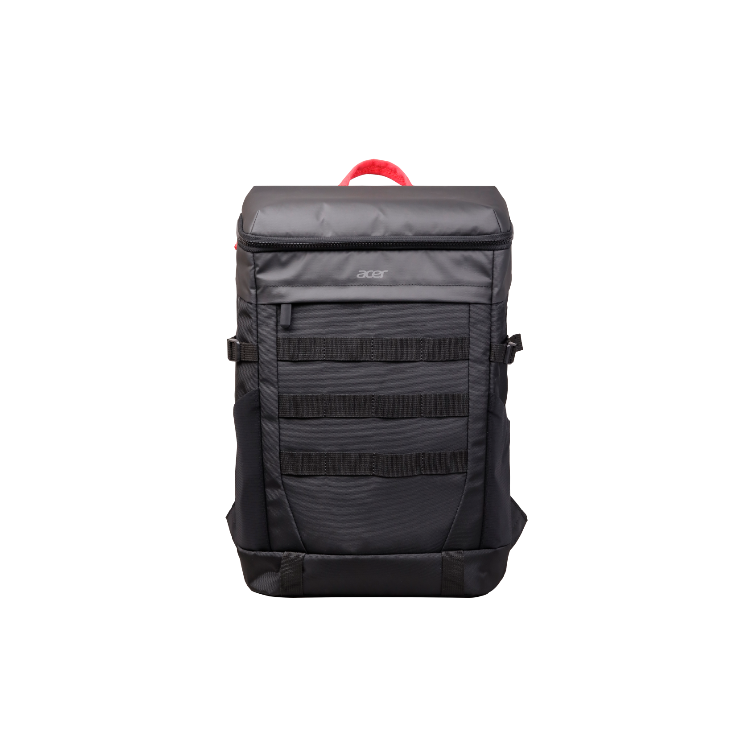 Schwarzer Acer-Rucksack mit rotem Griff, mehreren Riemen und schwarzem Hintergrund.