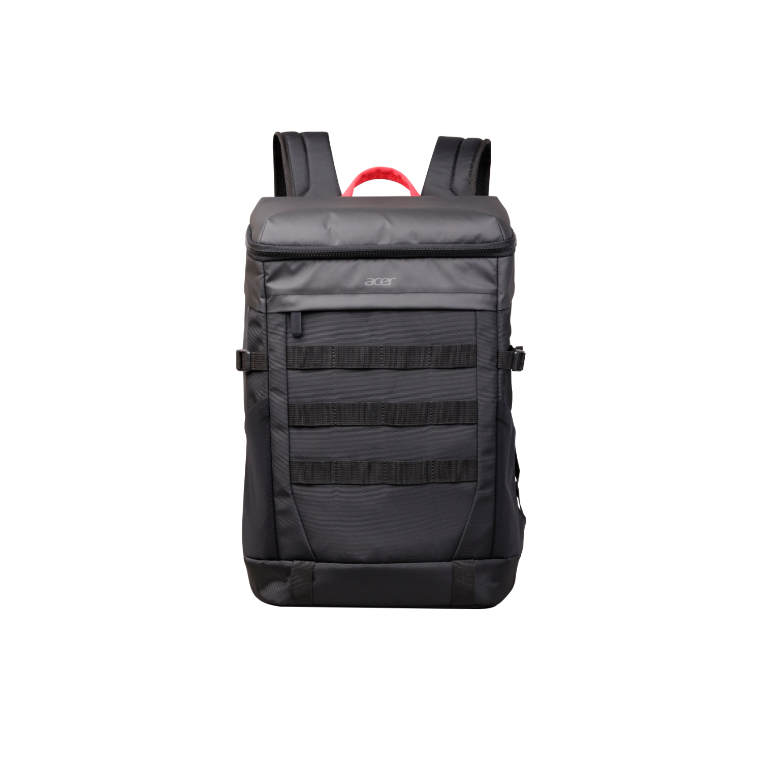 Schwarzer Rucksack mit rotem Griff. Mit Acer-Logo und mehreren Riemen.