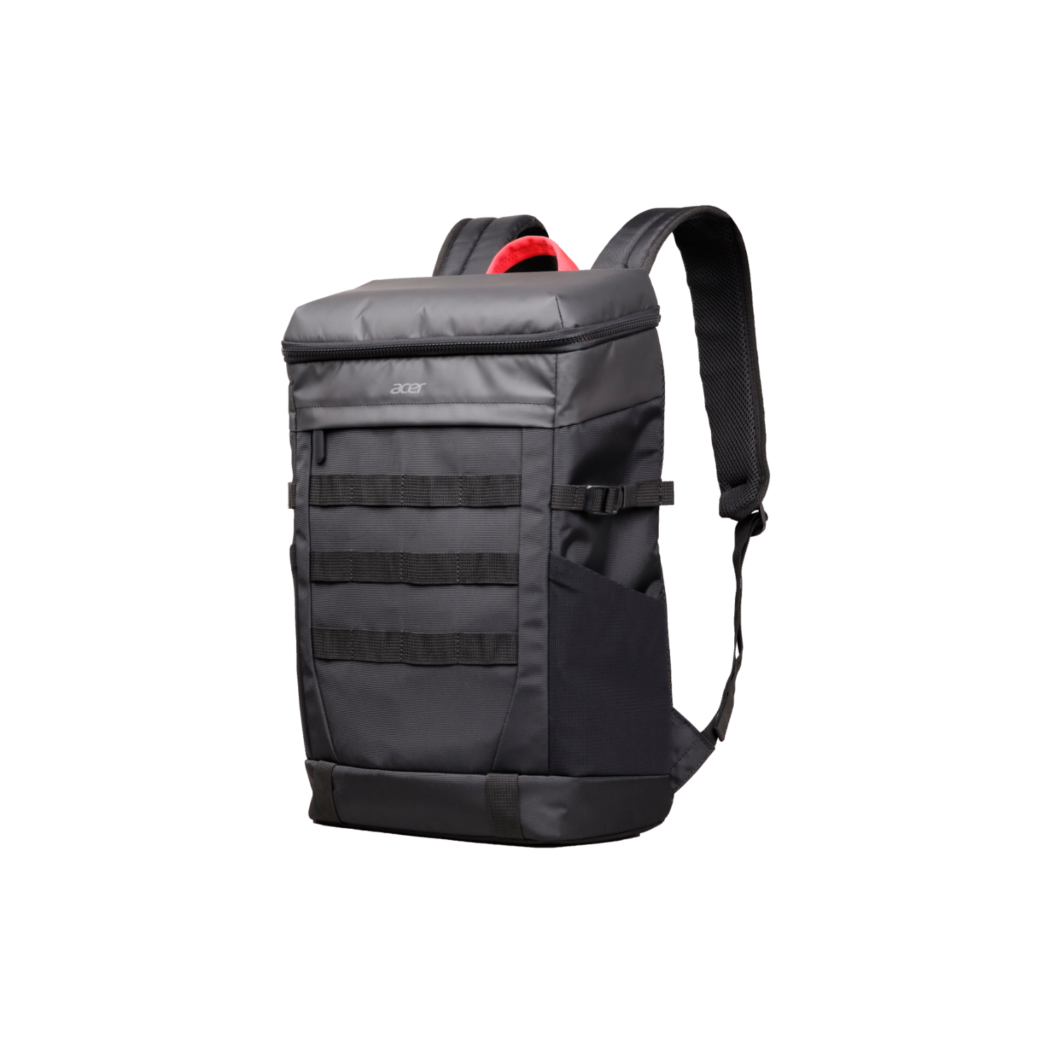 Schwarzer Rucksack mit rotem Griff und mehreren Riemen. Acer-Logo oben.