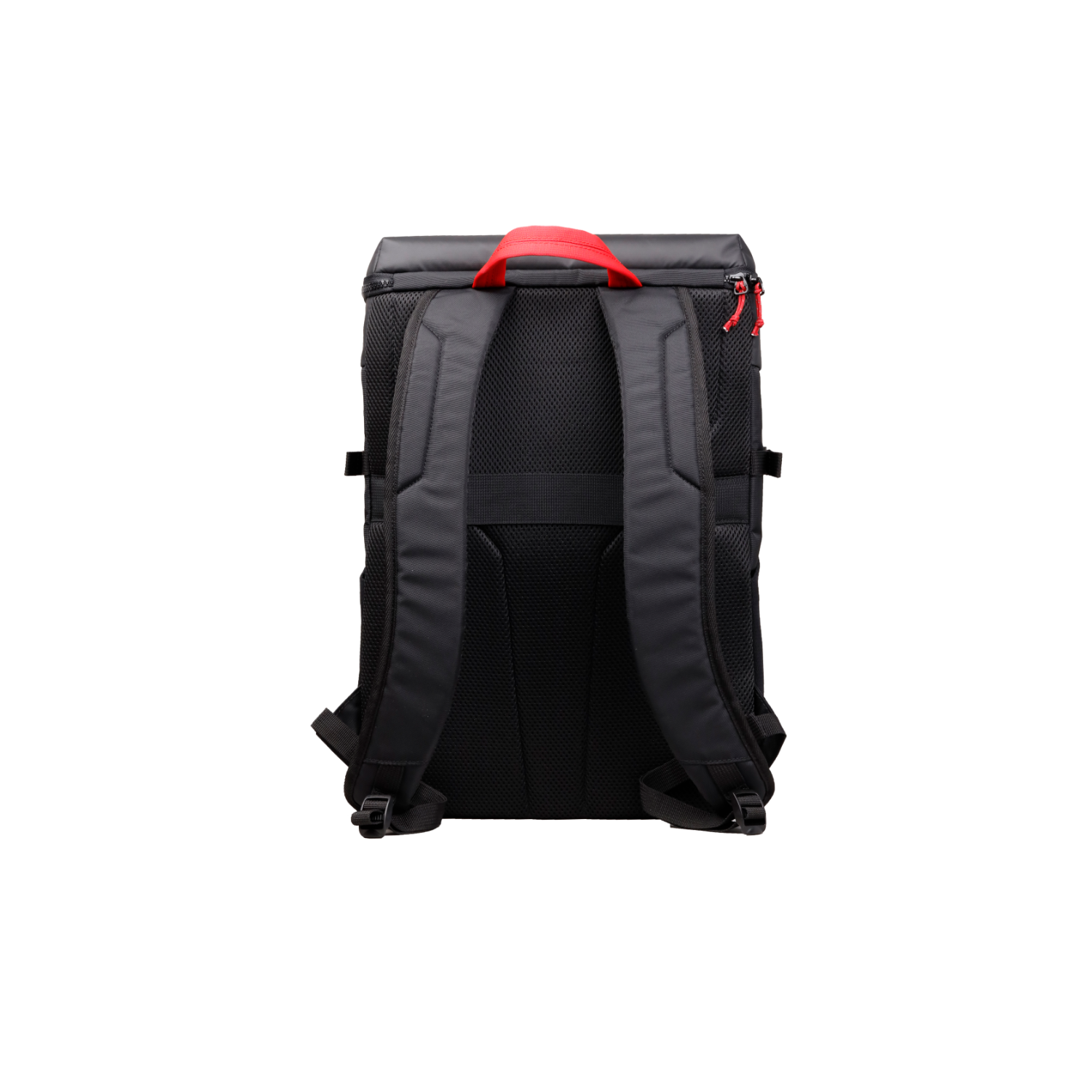Schwarzer Rucksack, roter Griff, schwarze Träger, Netzrücken und roter Reißverschluss.