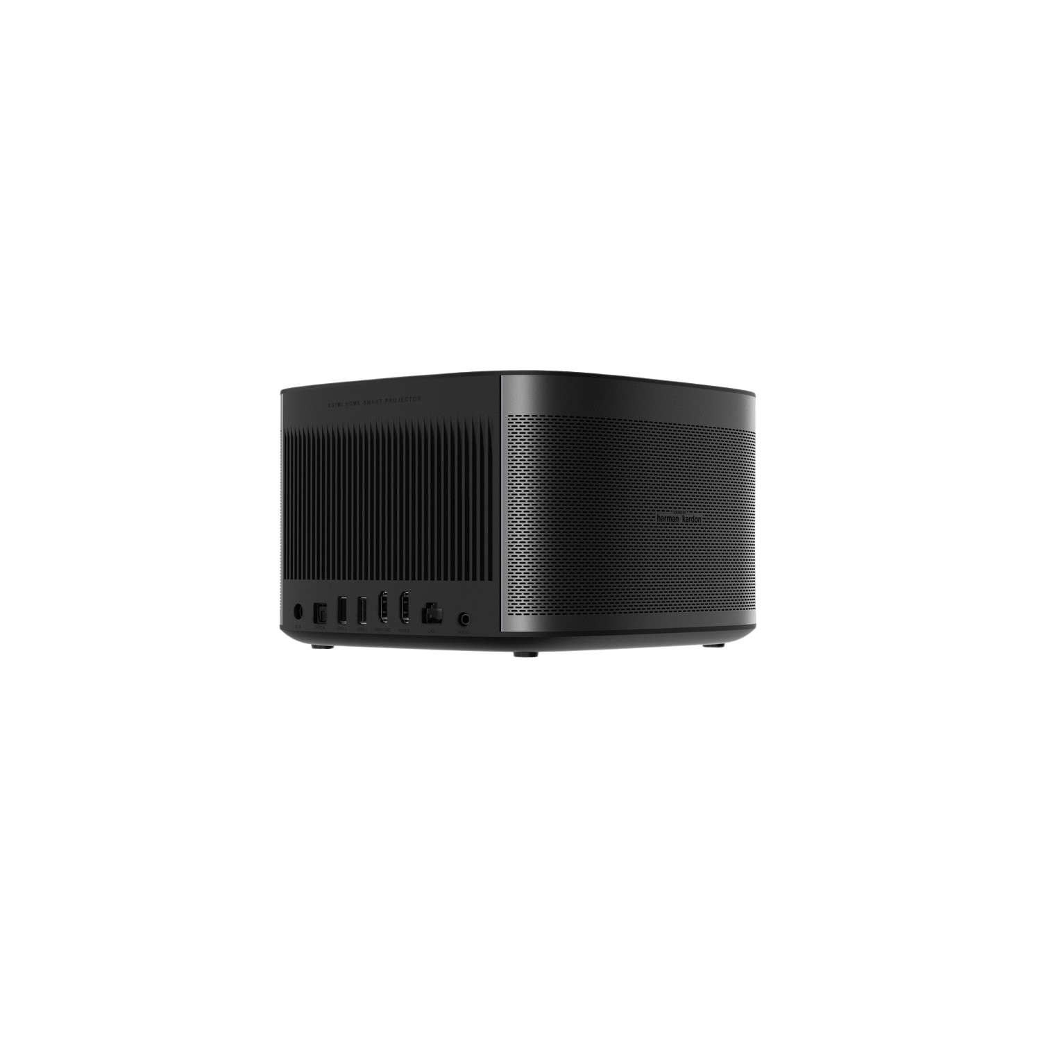 Projecteur noir en forme de cube avec ports à l'arrière et texte sur le côté.