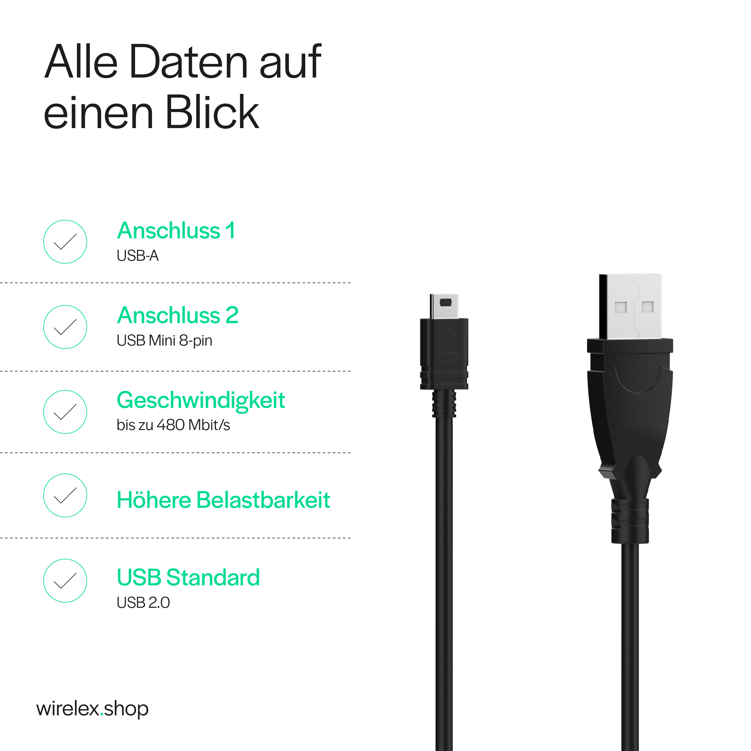 USB-Kabel und Details auf Weiß. USB-A, USB Mini und USB 2.0 werden hervorgehoben.