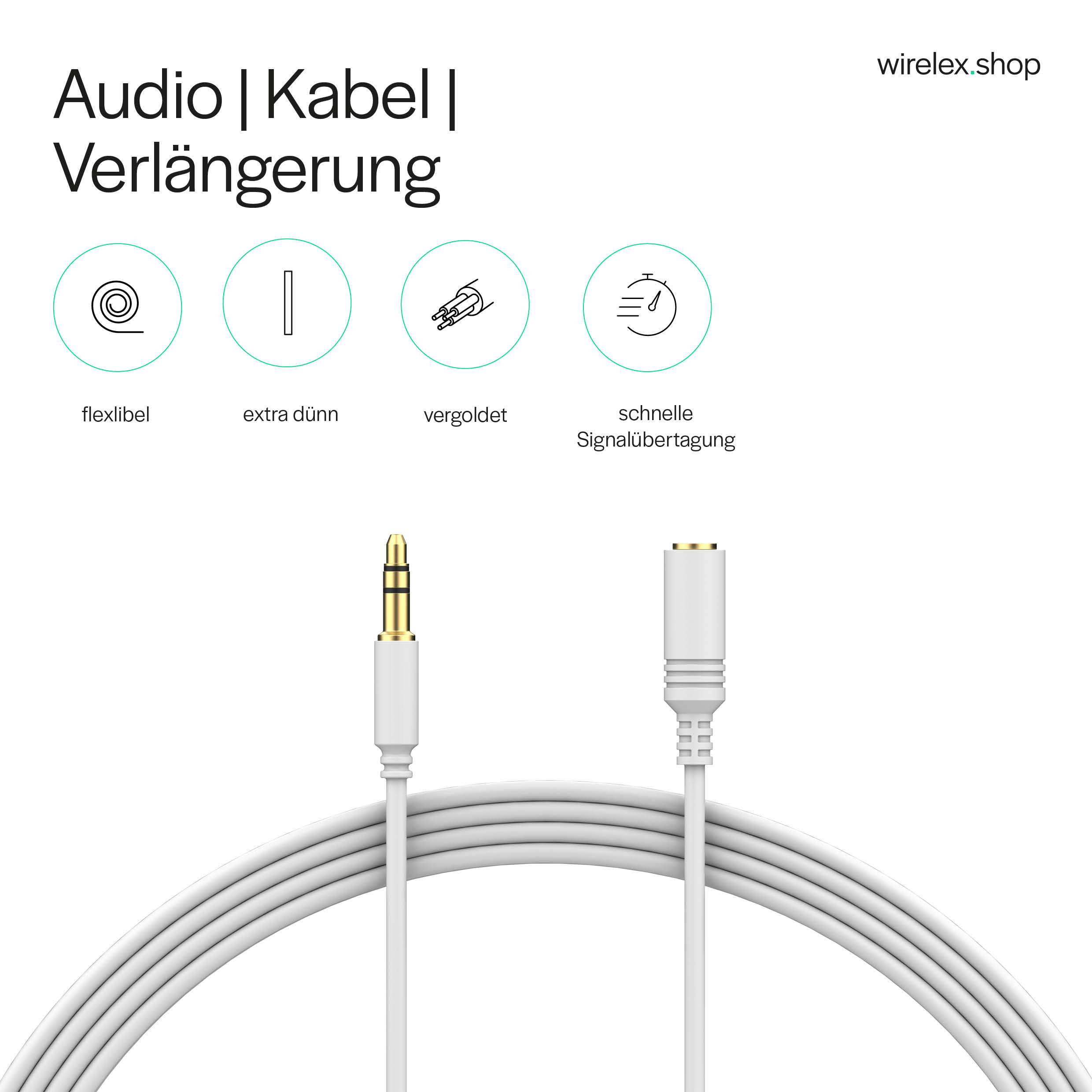 Weißes Audiokabel mit goldenem Stecker und Symbolen. Deutscher Text zur Flexibilität.