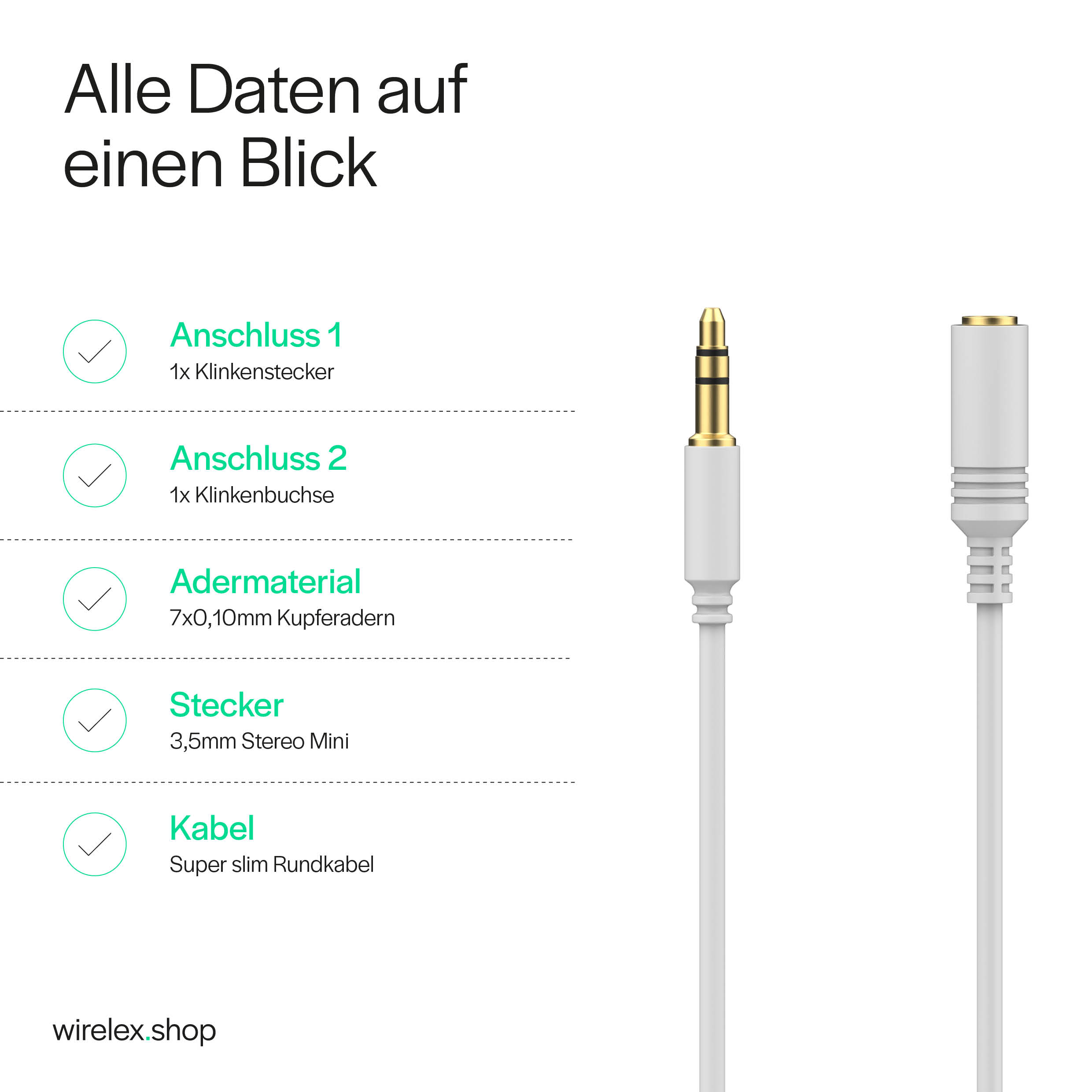 Ein weißes Audiokabel mit Anschlüssen, beschriftet mit Anschlussdetails auf weißem Hintergrund.