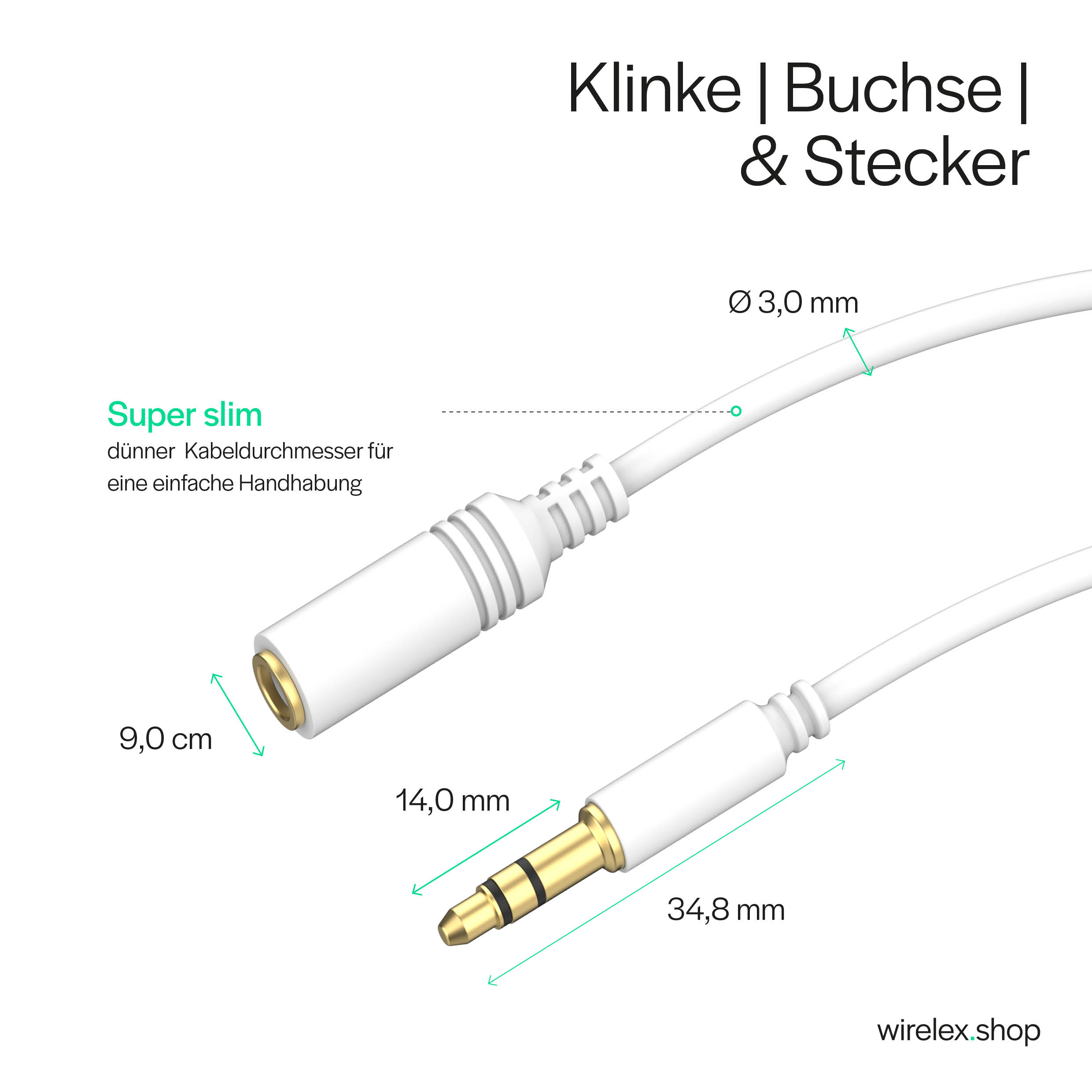 Weißes Kabel mit 3,5-mm-Klinke und Stecker. Text und Abmessungen vorhanden.
