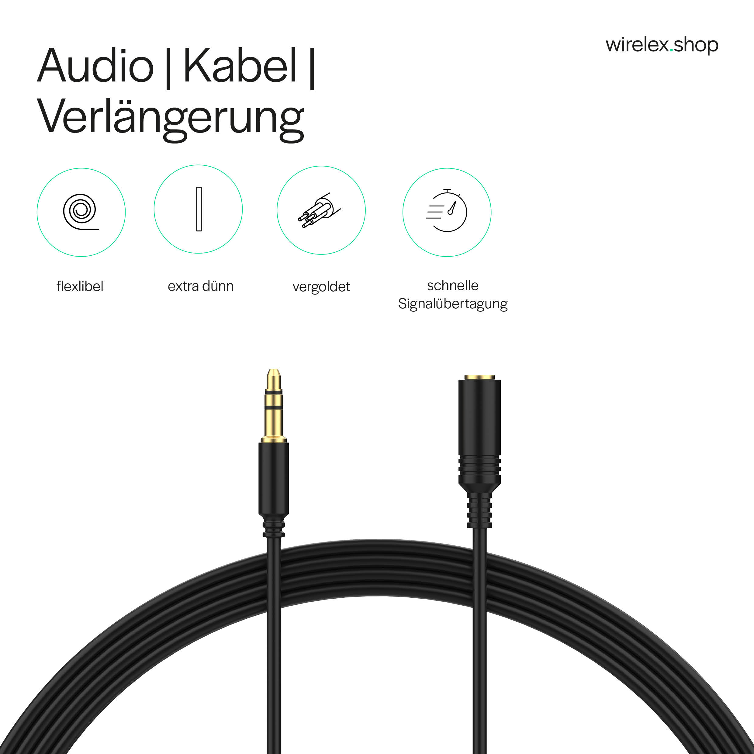 Das Bild zeigt ein Audiokabel und einen Stecker auf weißem Hintergrund, mit Symbolen und Text.