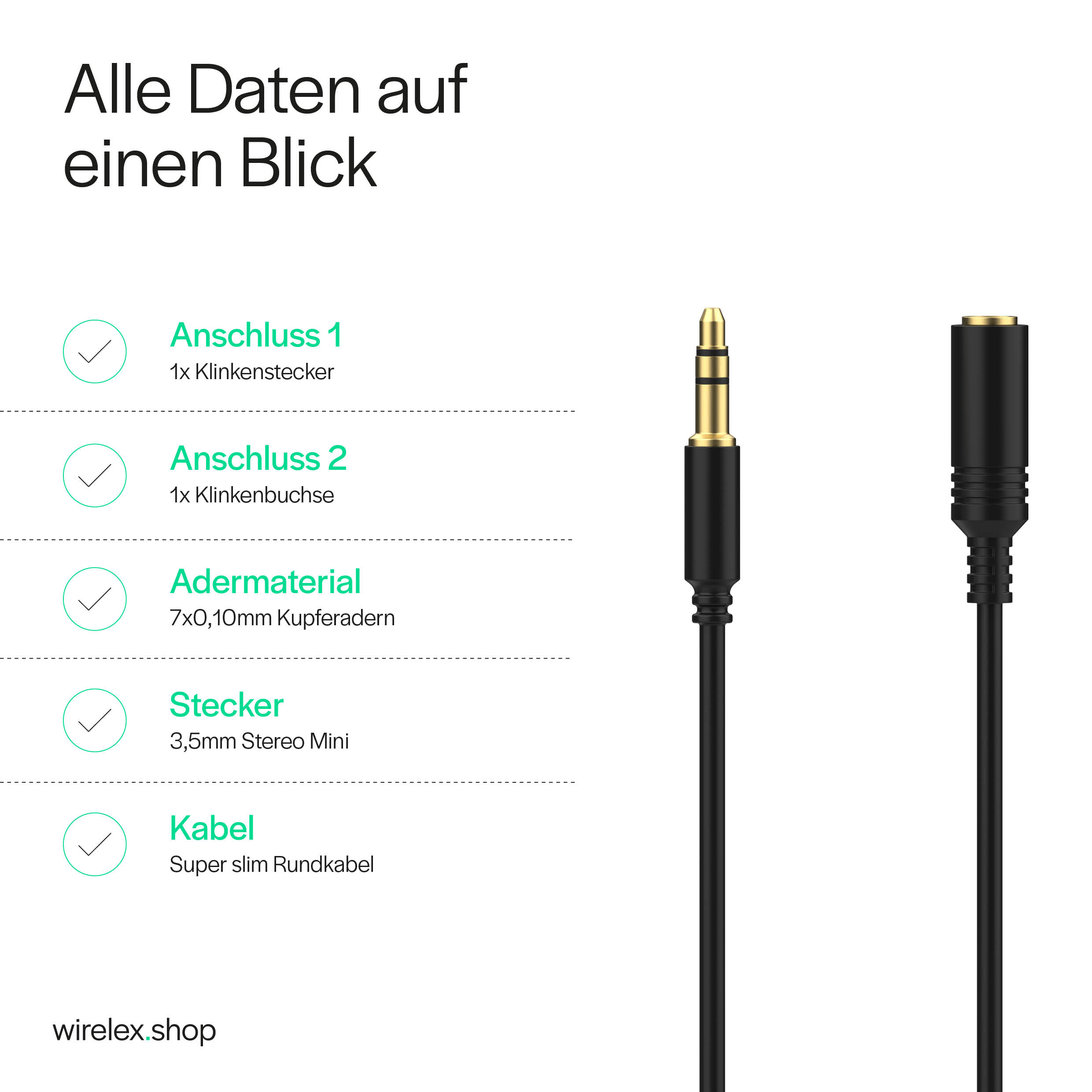Zwei schwarze Kabel mit Anschlüssen. Der Text gibt den Anschlusstyp und das Material an.