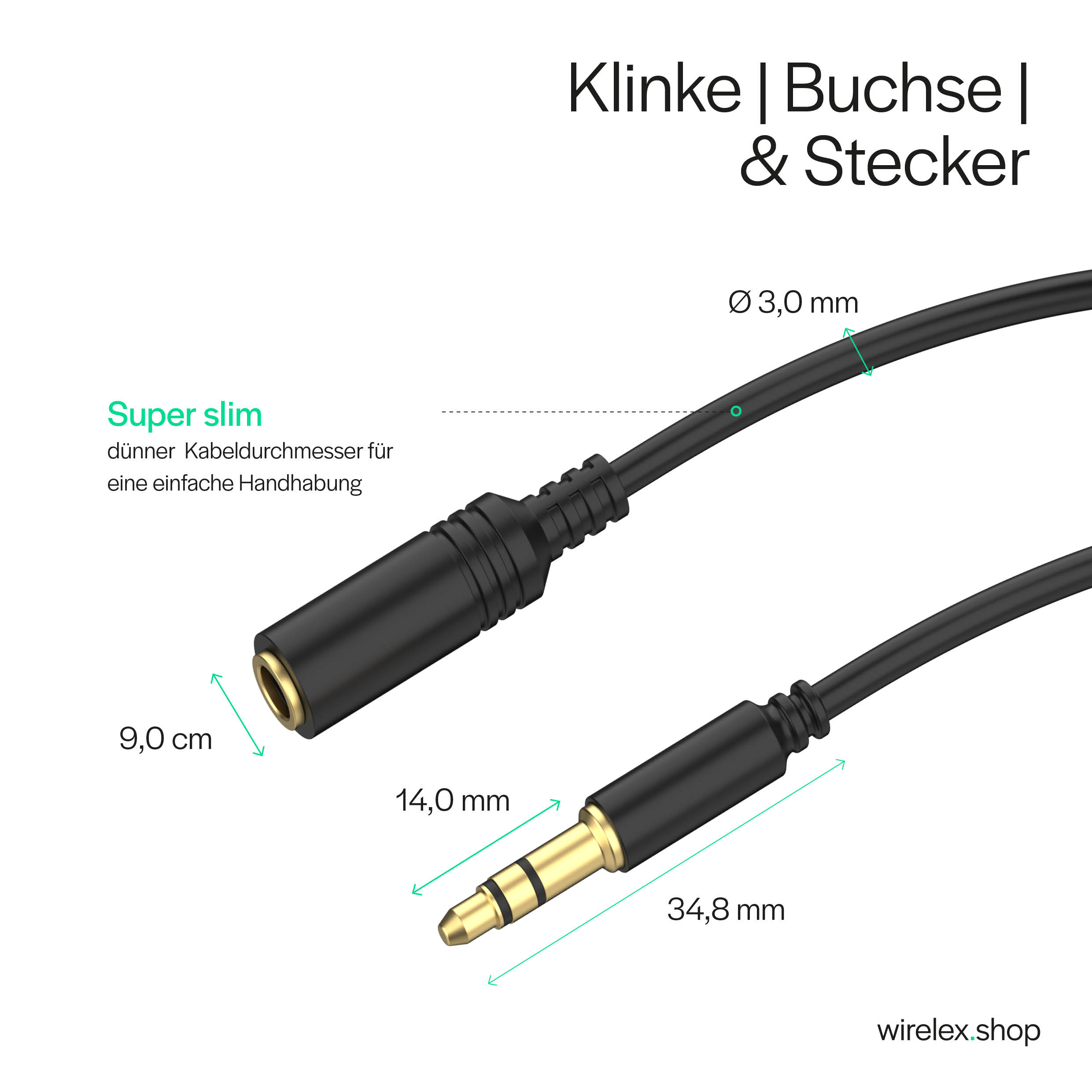 Schwarzes Audiokabel mit goldenem Stecker und Größenangaben.