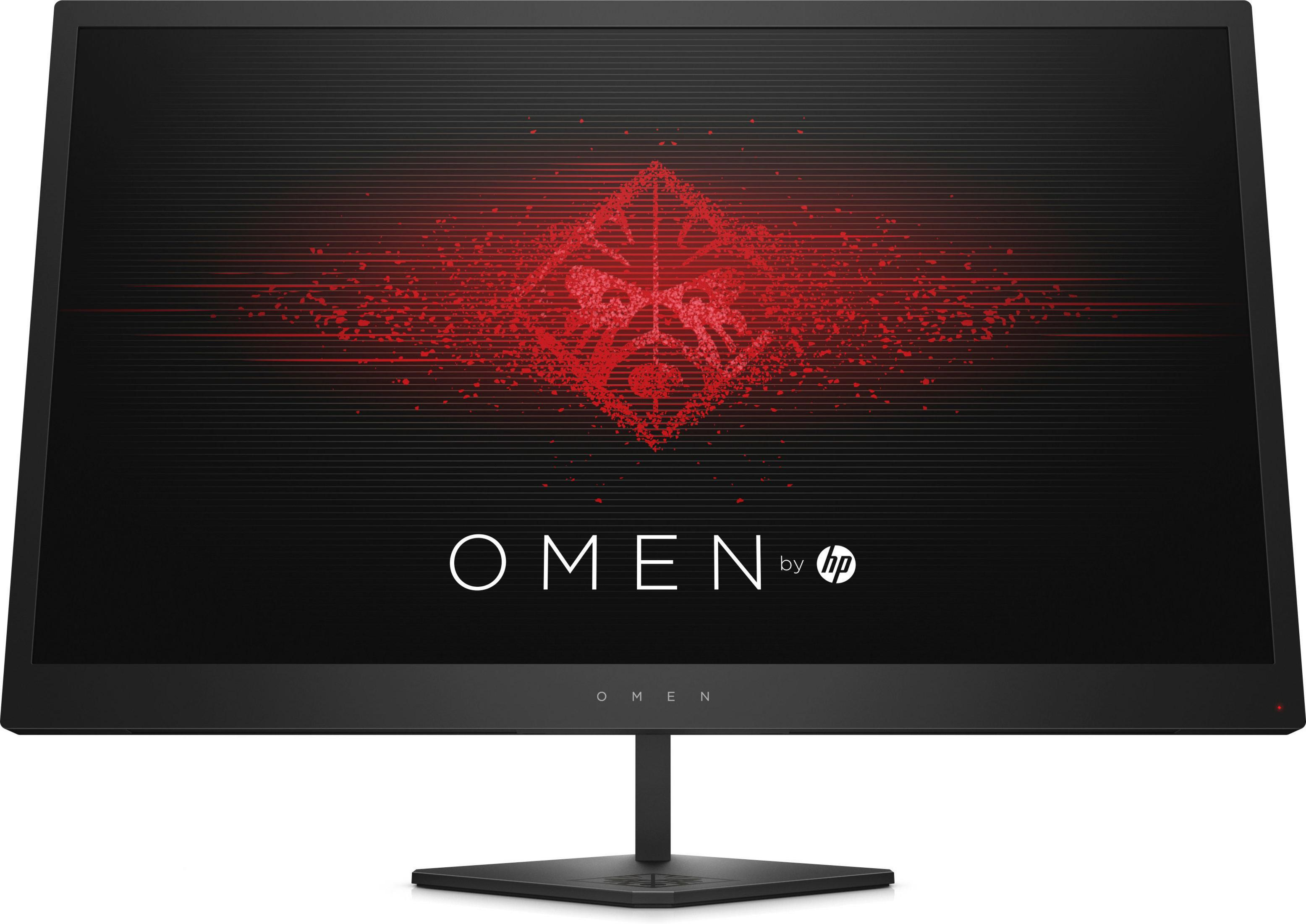 Moniteur d'ordinateur noir avec le logo OMEN rouge. Il a un cadre fin et un support noir.