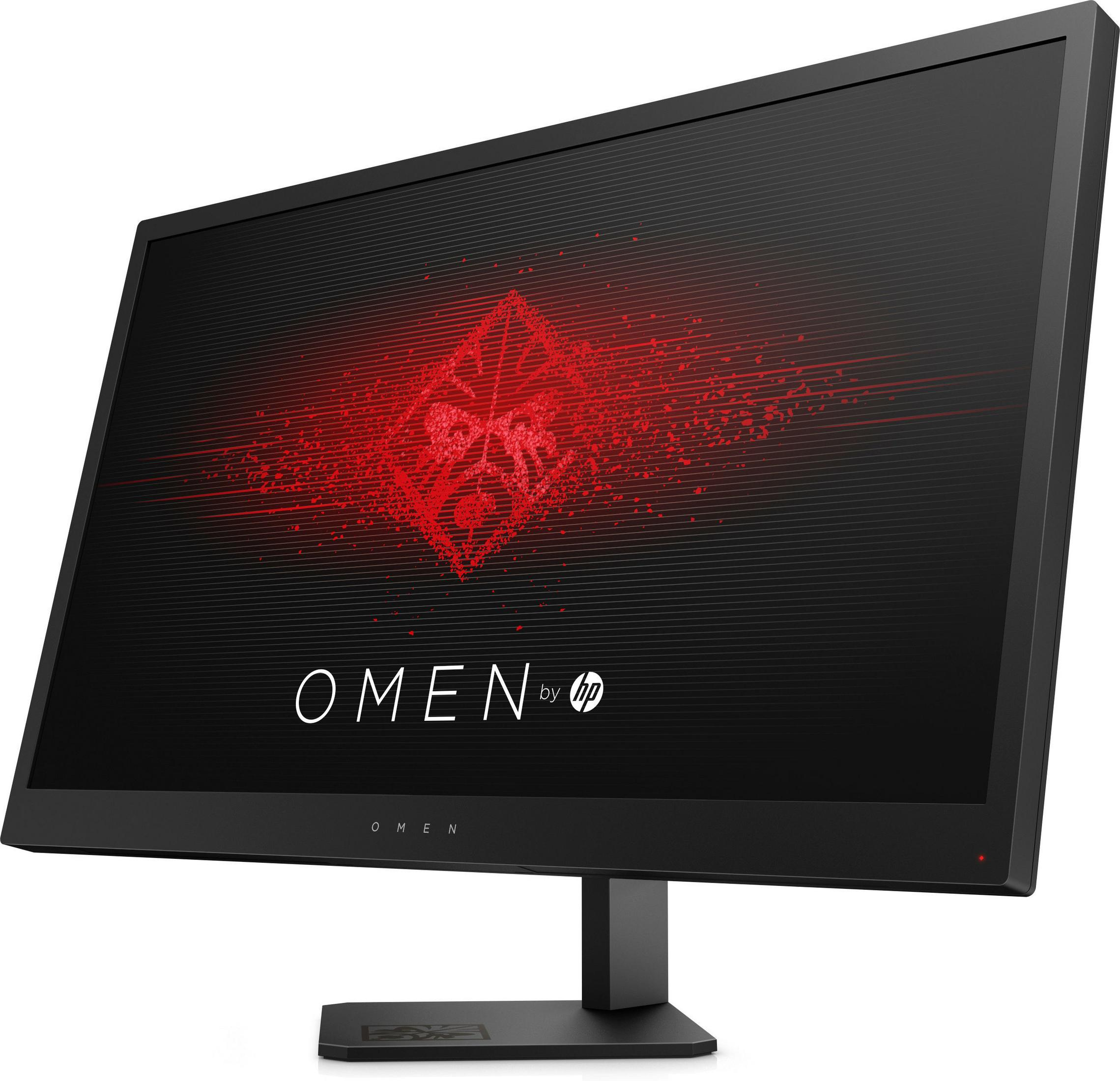 Écran d'ordinateur noir avec le logo OMEN sur fond rouge. Support et base noirs.