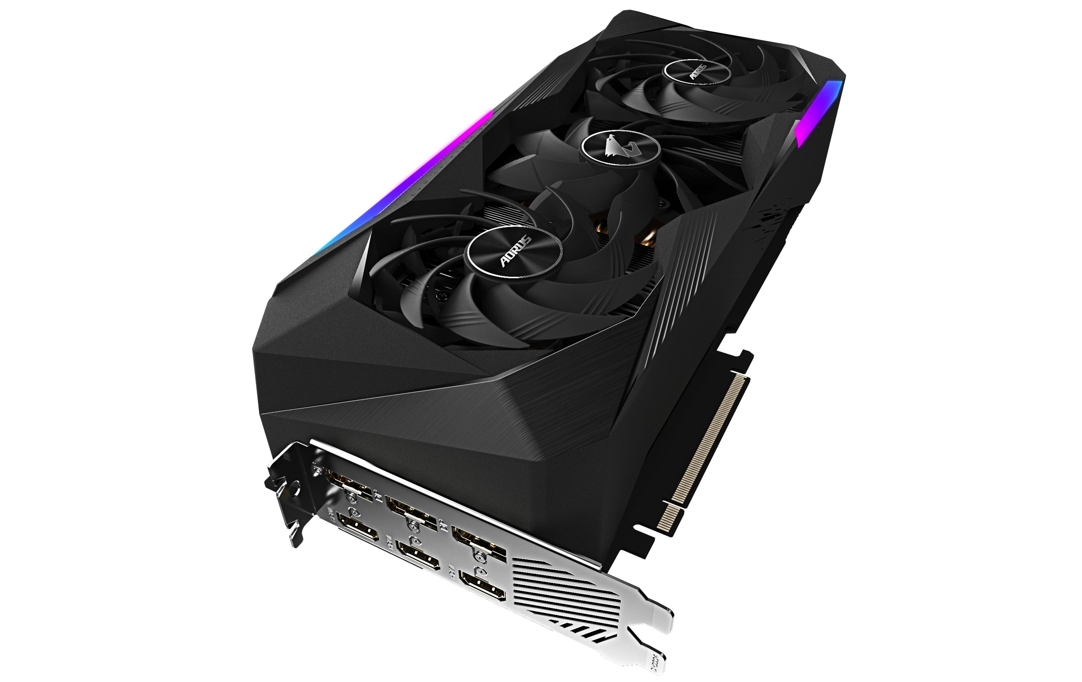 Eine schwarze und silberne AORUS-Grafikkarte. Verfügt über mehrere Lüfter und eine metallische Rückplatte.