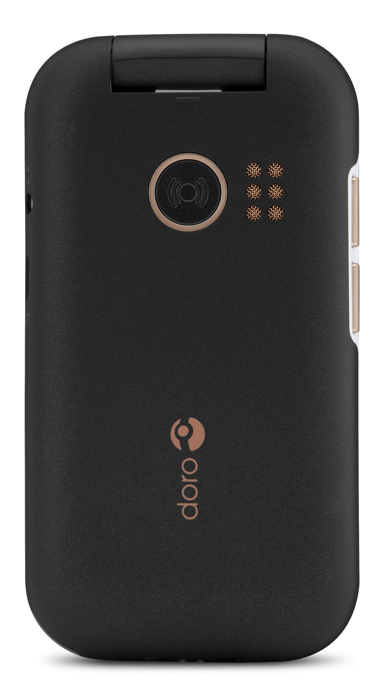 Ein schwarzes Klapphandy geschlossen, mit Logo und einigen Symbolen auf der Vorderseite.