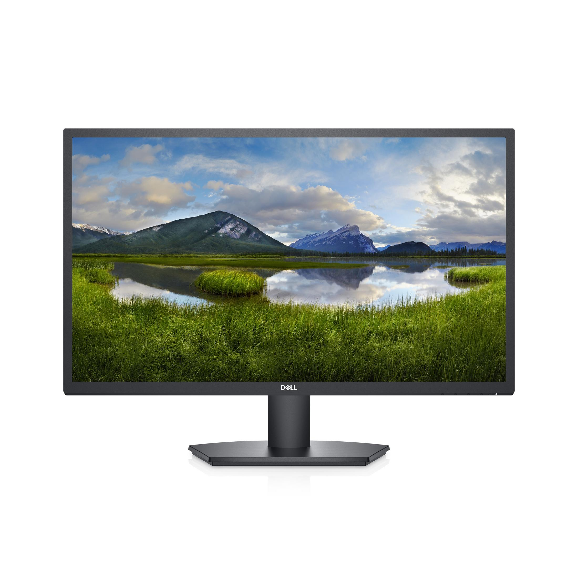 Un monitor per computer nero mostra un paesaggio con montagne e acqua.