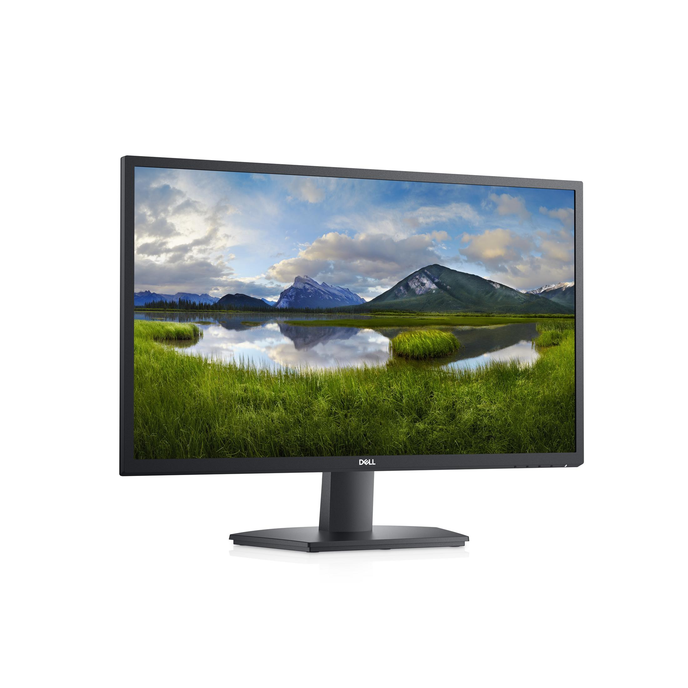 Monitor Dell con paesaggio di fiume, montagne e cielo blu.