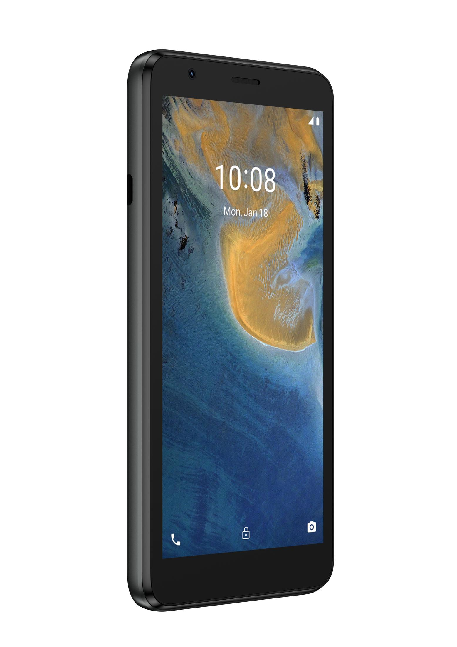 Schwarzes Smartphone, zeigt 10:08 Uhr, Montag, 18. Jan. Bildschirm zeigt eine Landschaft.