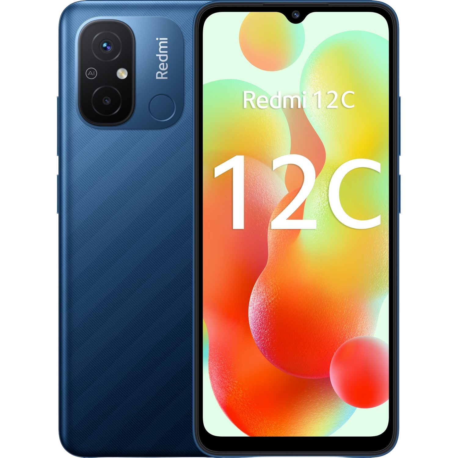 Ein blaues Redmi 12C Smartphone, das die Rückseite mit Kamera und die Vorderseite mit Bildschirm zeigt.
