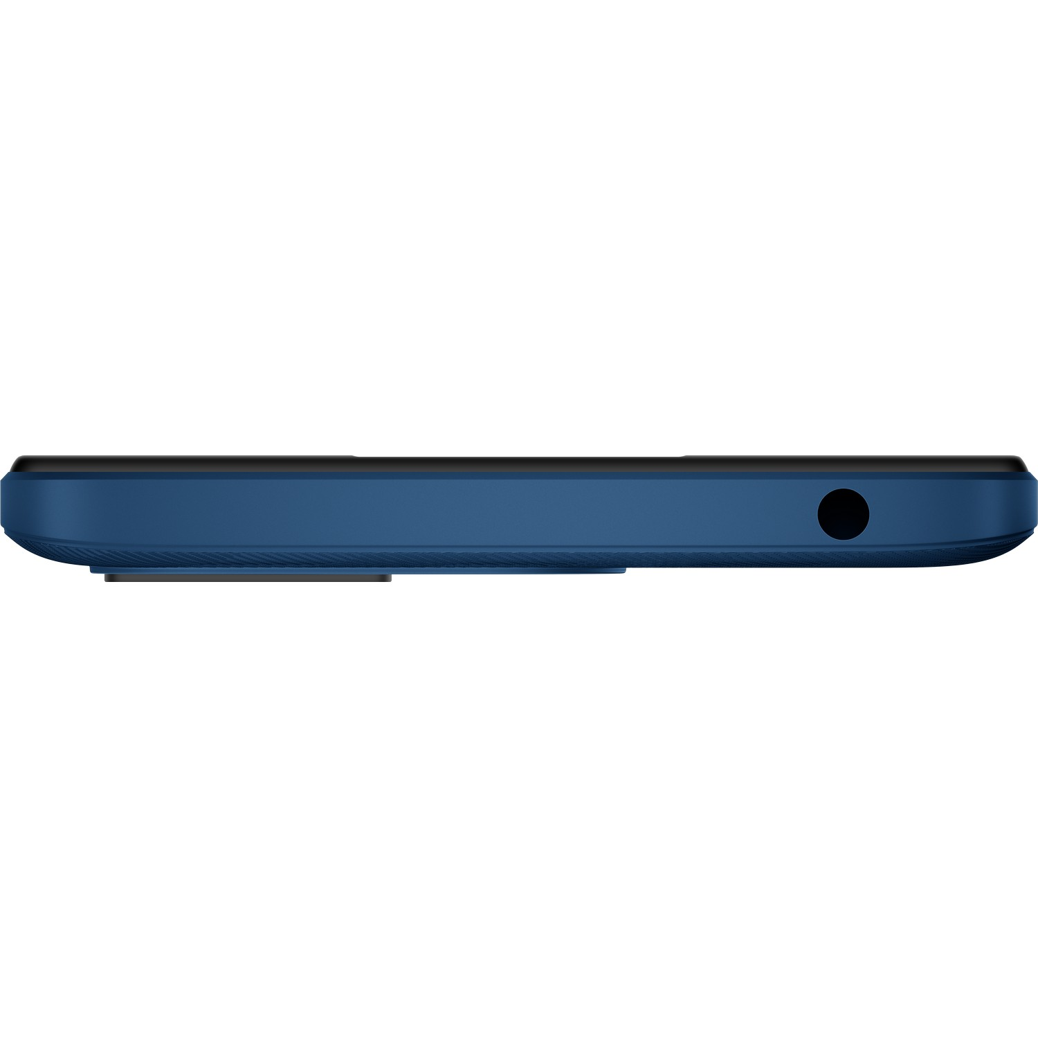 Blaue Telefon-Seitenansicht. Klinkenanschluss und ein kleines Loch. Dunkelblaue Farbe.